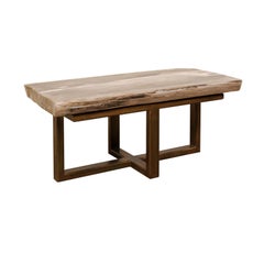 Mesa de centro o banco de madera petrificada pulida con bonita base metálica moderna