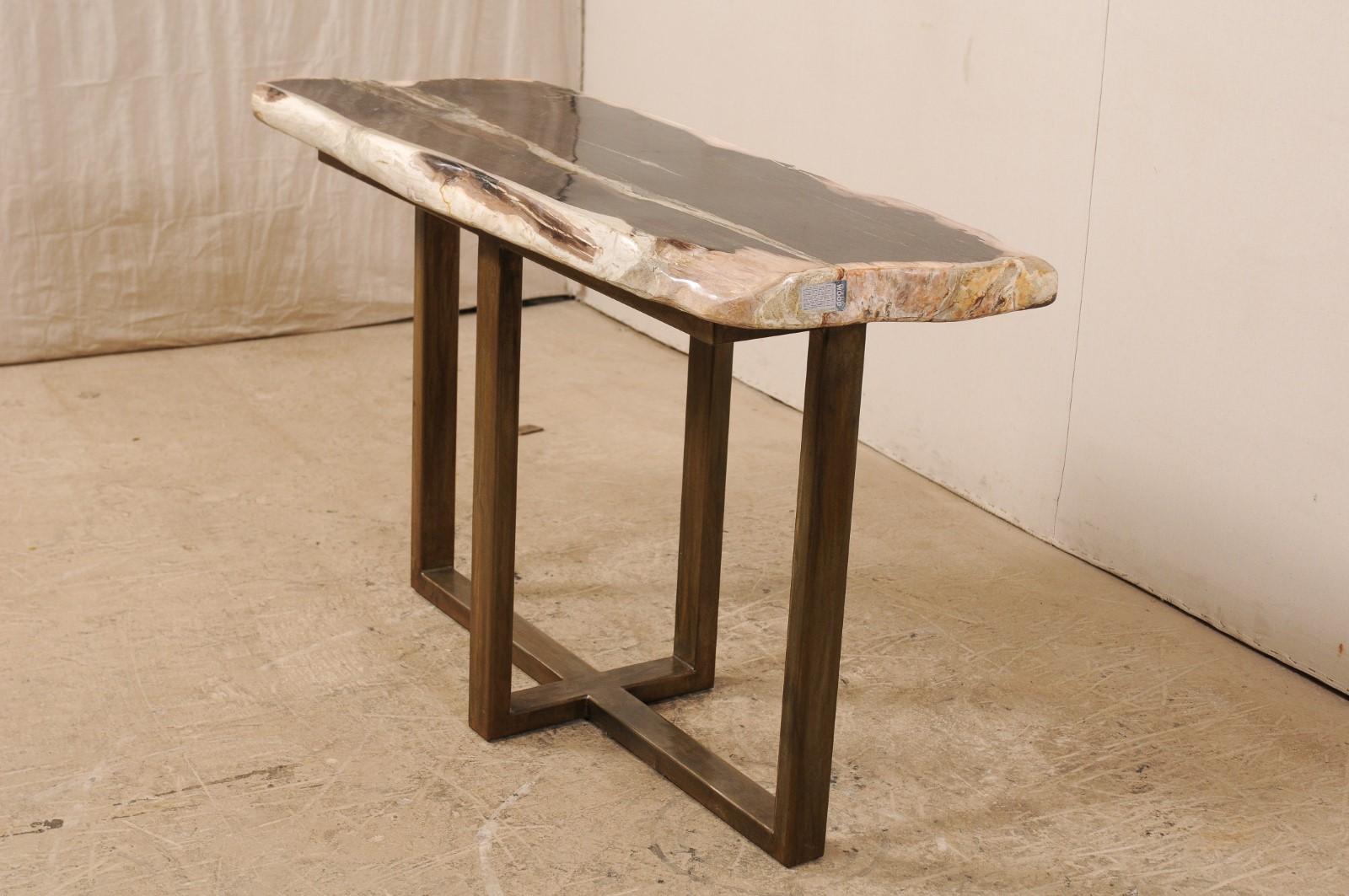 Mid-Century Modern Polished Petrified Wood Console or Sofa Table with Modern Metal Base