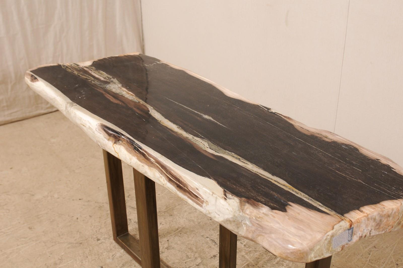 Contemporary Polished Petrified Wood Console or Sofa Table with Modern Metal Base