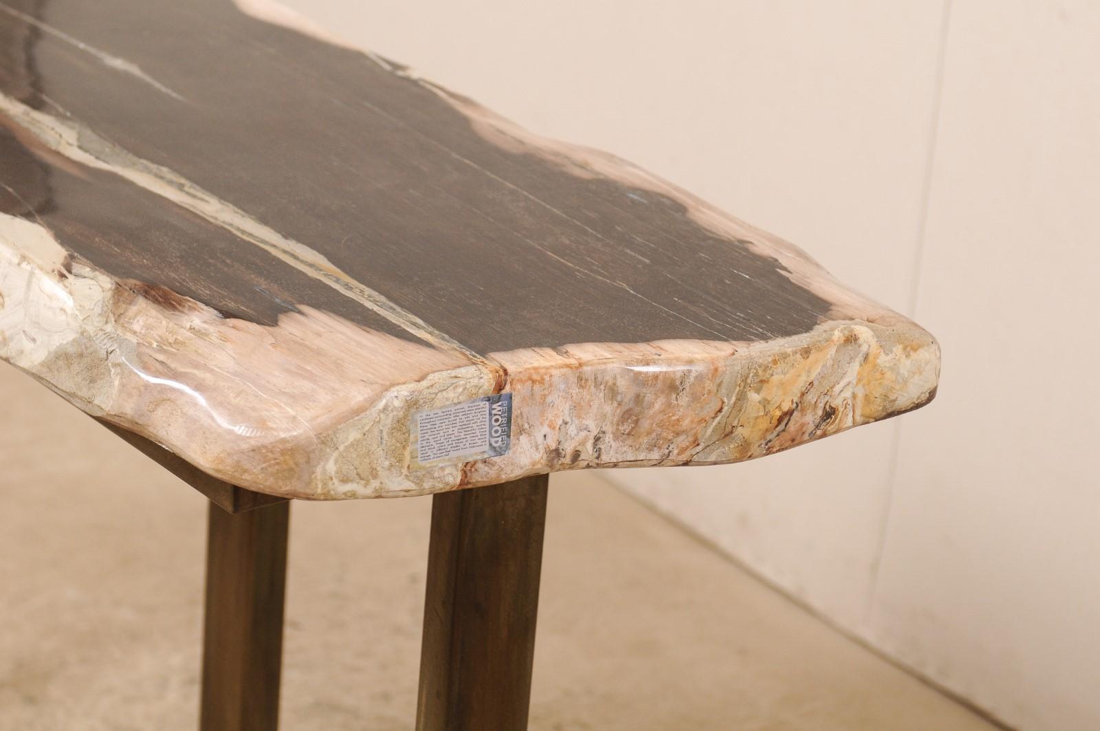 Polished Petrified Wood Console or Sofa Table with Modern Metal Base 1