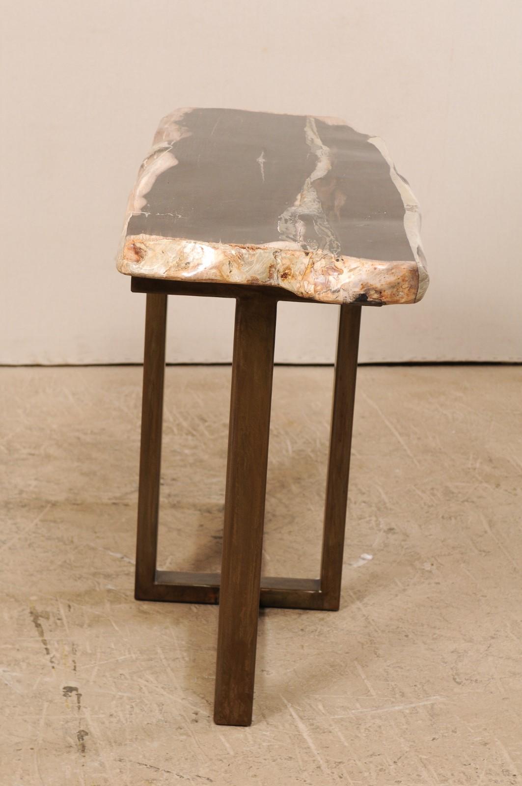 Polished Petrified Wood Console or Sofa Table with Modern Metal Base 2