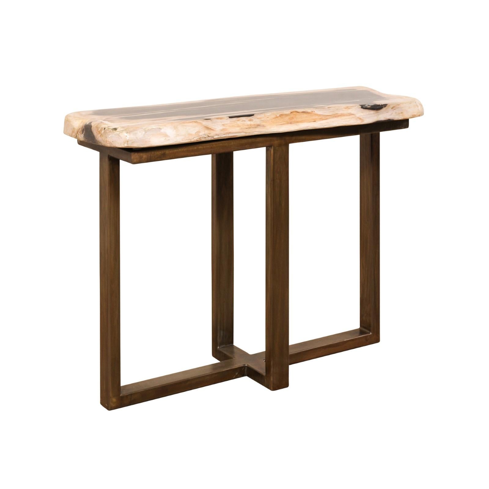 Polished Petrified Wood Console Table with Modern Iron Base