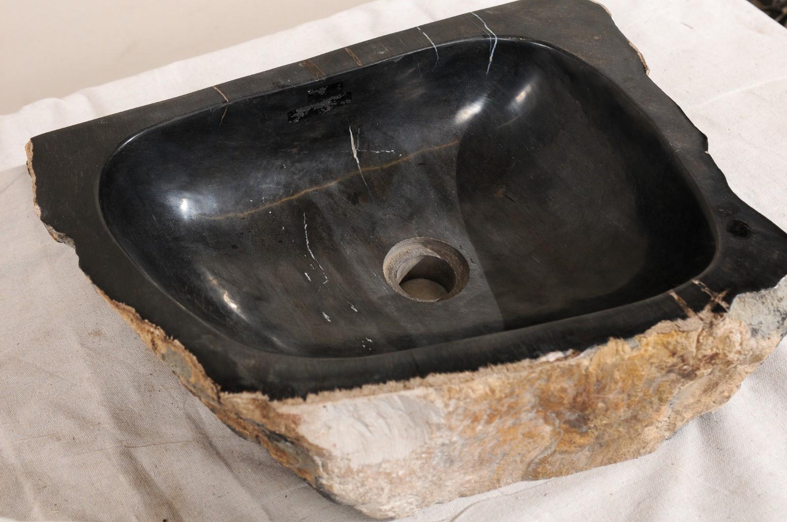 Carved Polished Petrified Wood Sink in Black and Nice Brown Tones