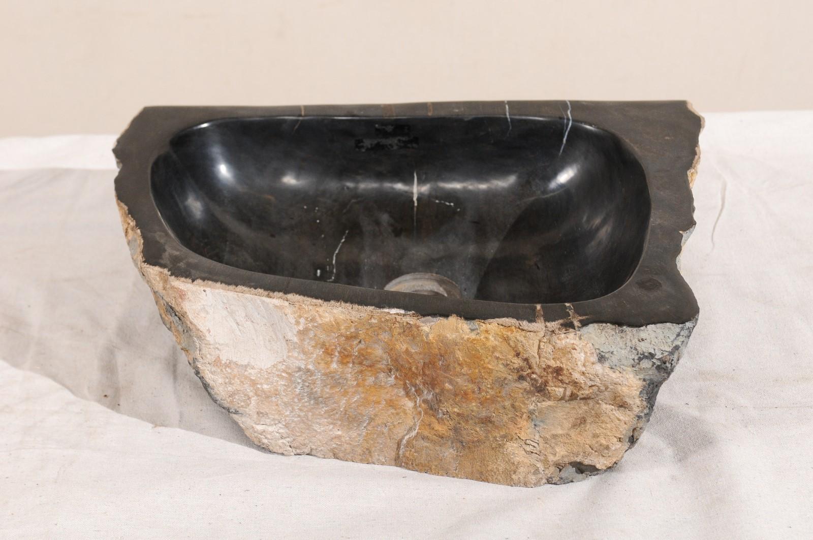 Contemporary Polished Petrified Wood Sink in Black and Nice Brown Tones