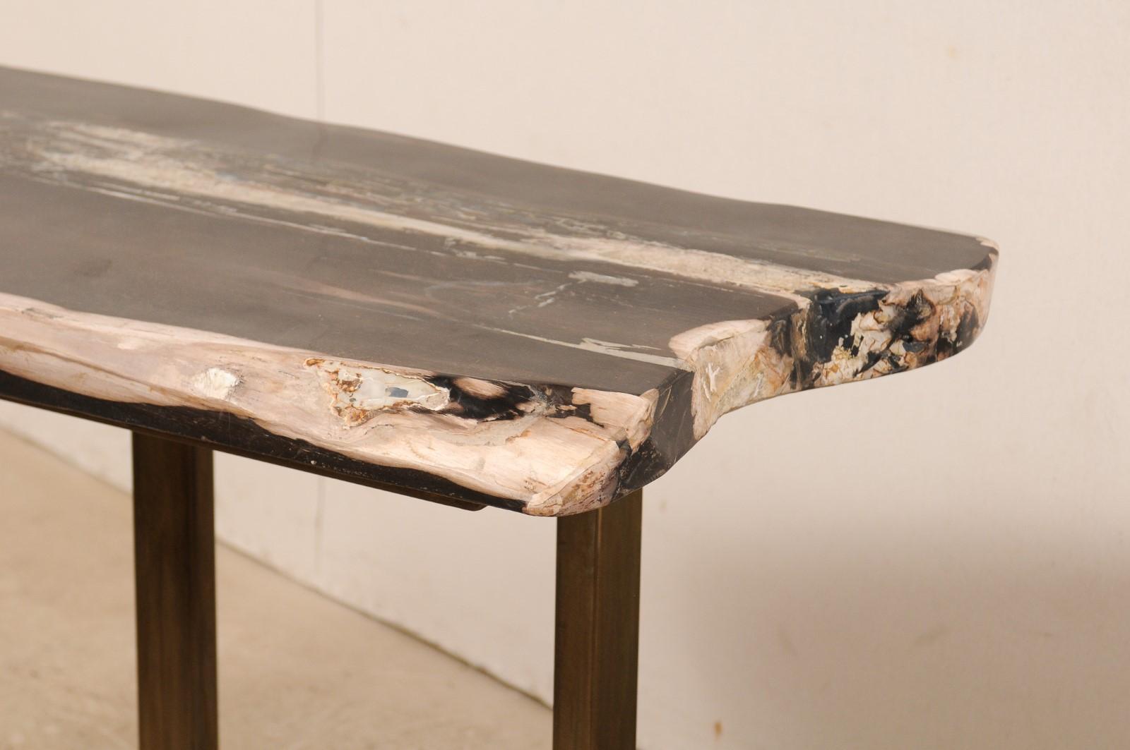 Polished Petrified Wood Slab Console Table with Nice Modern Metal Base 3