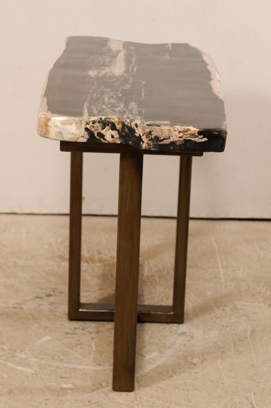 Polished Petrified Wood Slab Console Table with Nice Modern Metal Base 4