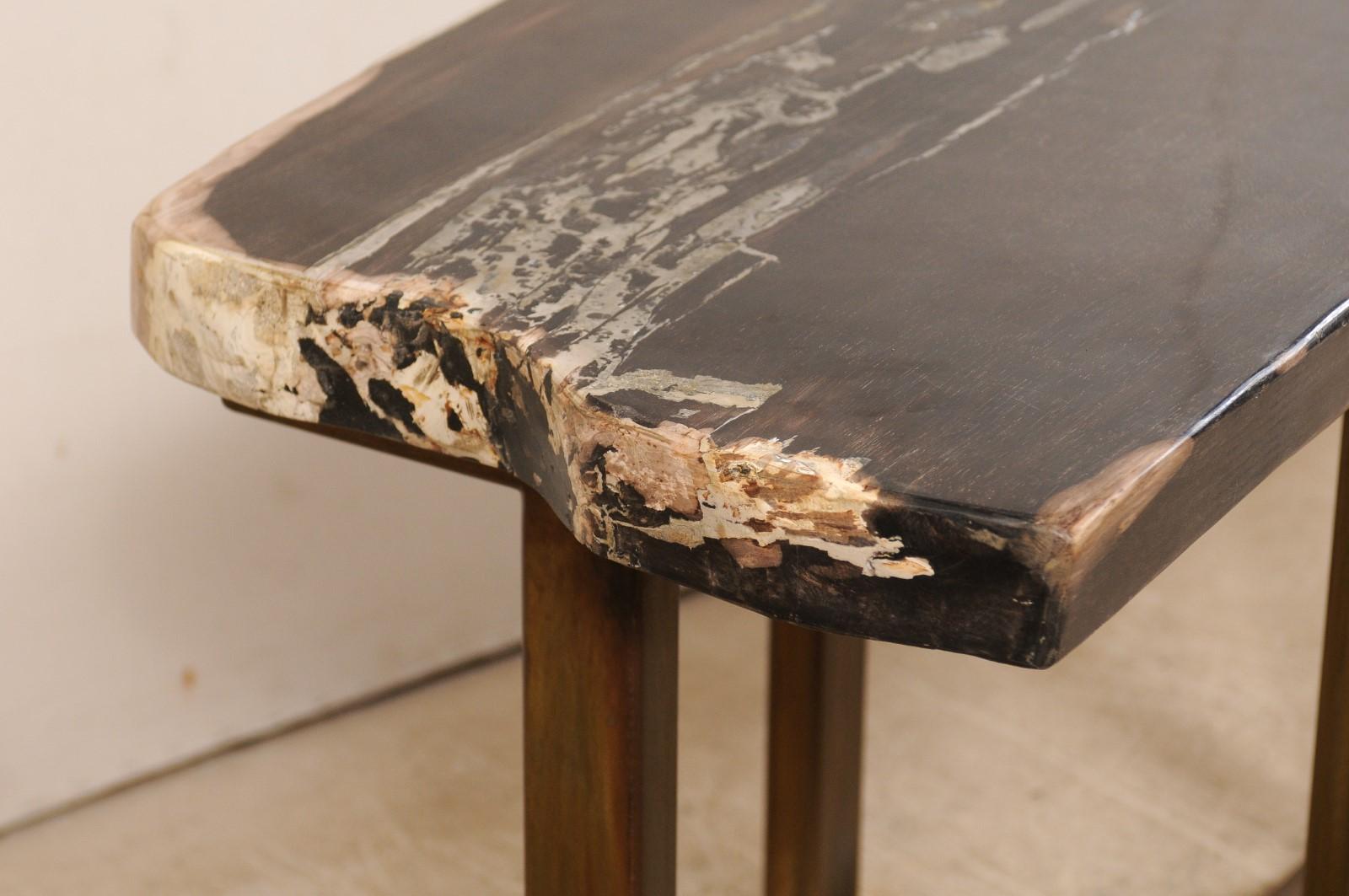 Polished Petrified Wood Slab Console Table with Nice Modern Metal Base In Good Condition In Atlanta, GA