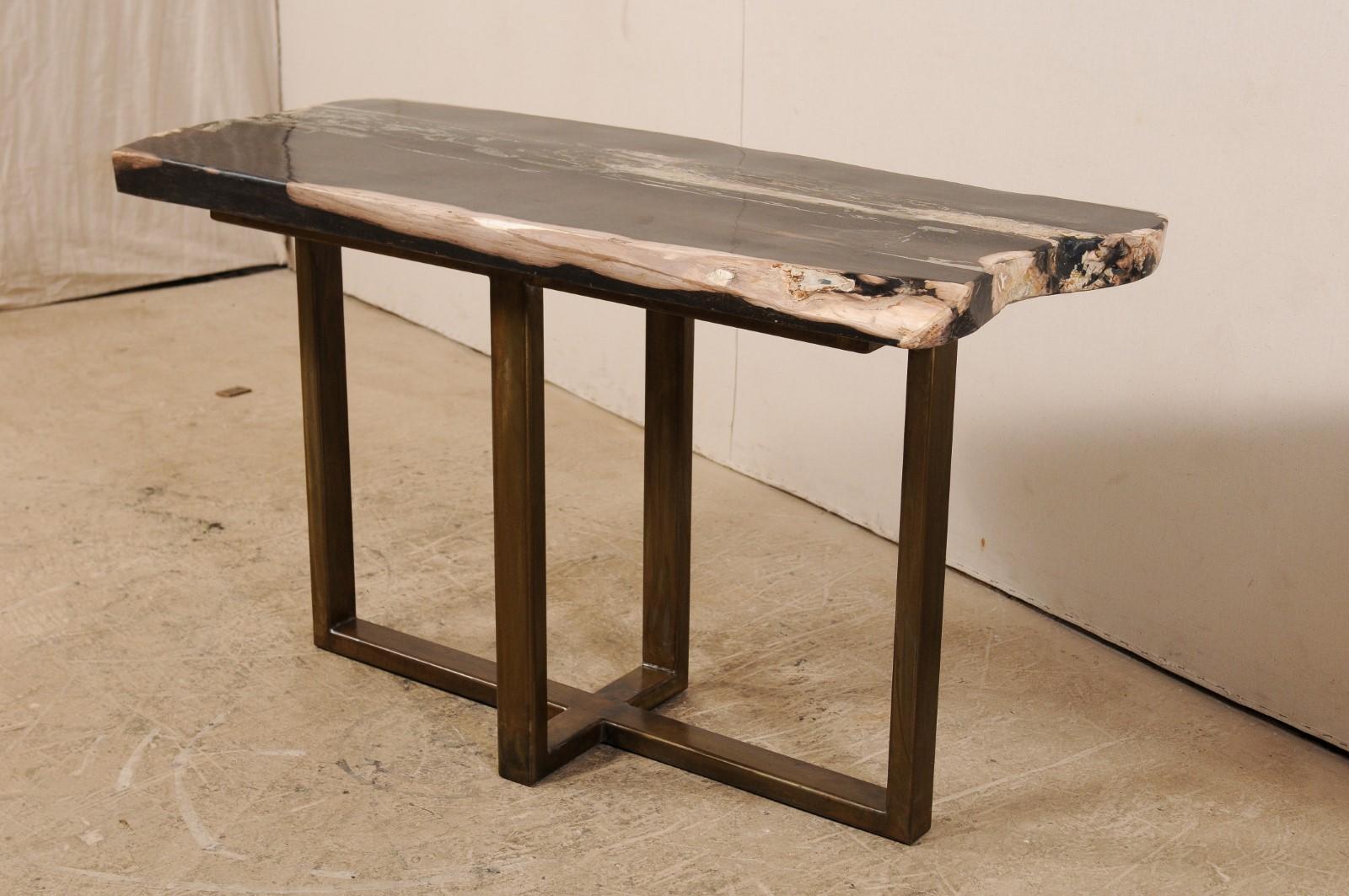 Polished Petrified Wood Slab Console Table with Nice Modern Metal Base 2