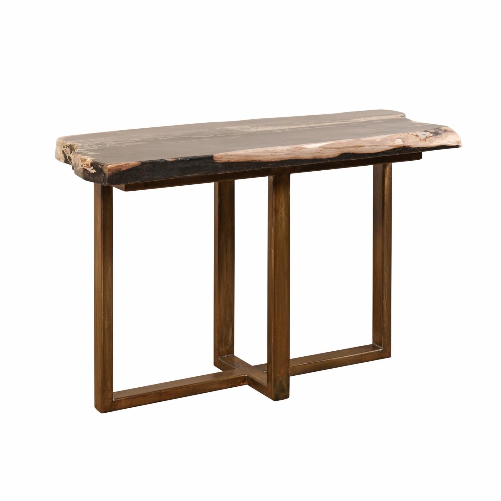 Polished Petrified Wood Slab Console Table with Nice Modern Metal Base