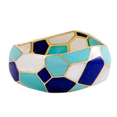 Polished Rock Candy 18 Karat Gold Mother of Pearl Turquoise and Lapis Bangle