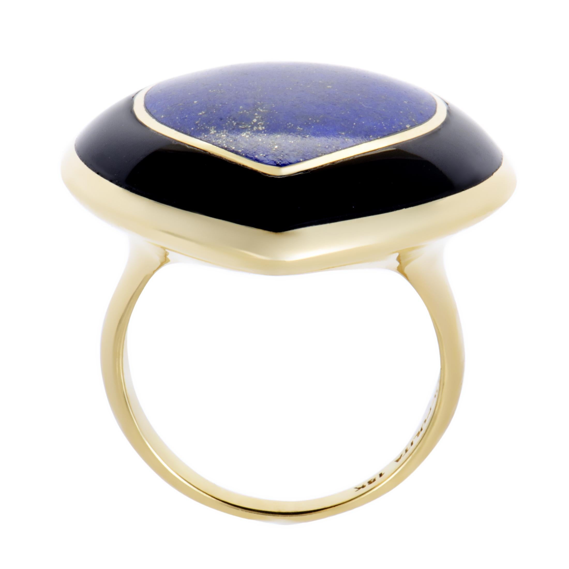 Class and prestige are embodied in this phenomenal ring that combines the eye-catching radiant allure of 18K yellow gold with captivating darkness of onyx and enchanting blue of lapis lazuli. The ring is an Ippolita design presented within the