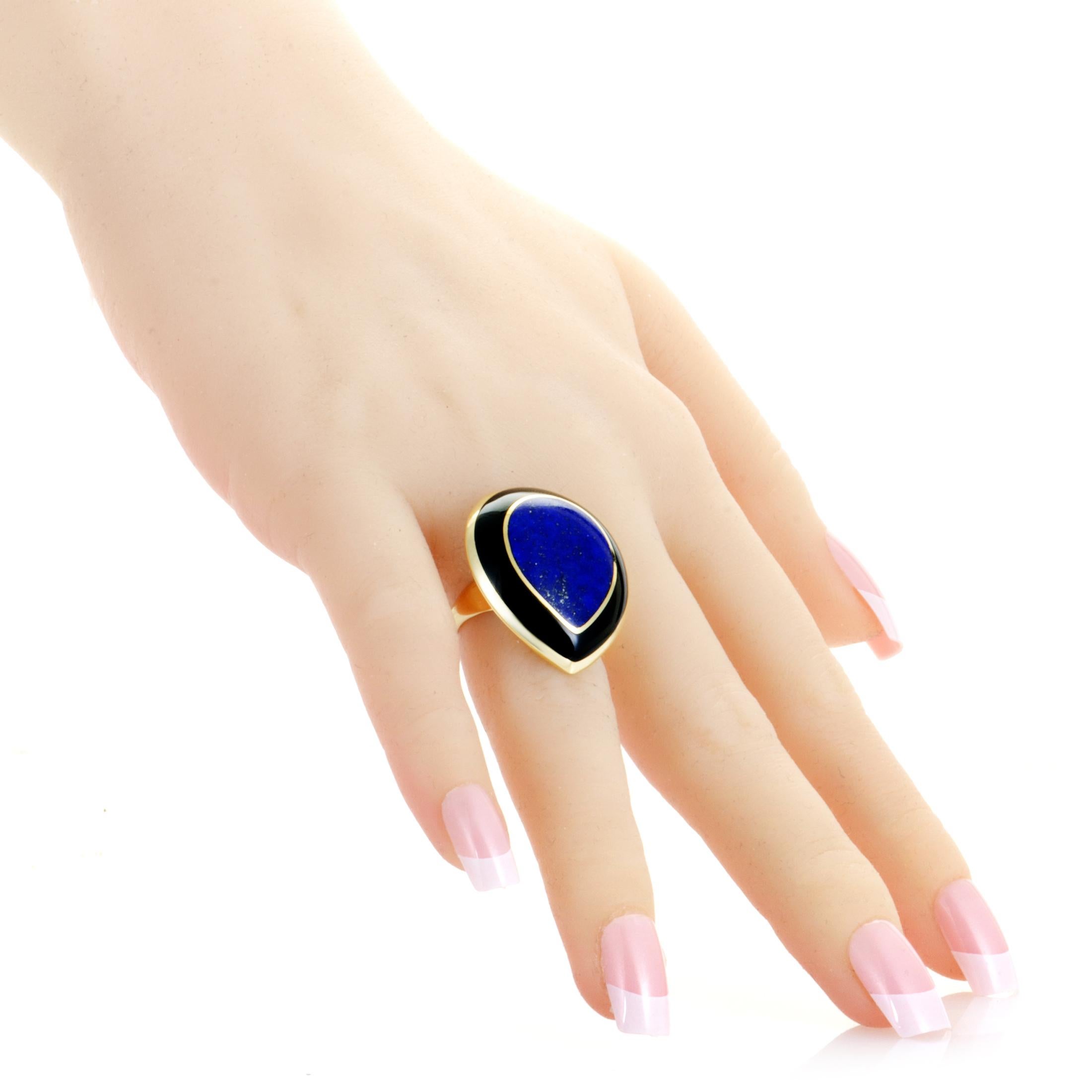 Women's Polished Rock Candy 18 Karat Yellow Gold Lapis and Onyx Large Teardrop Ring