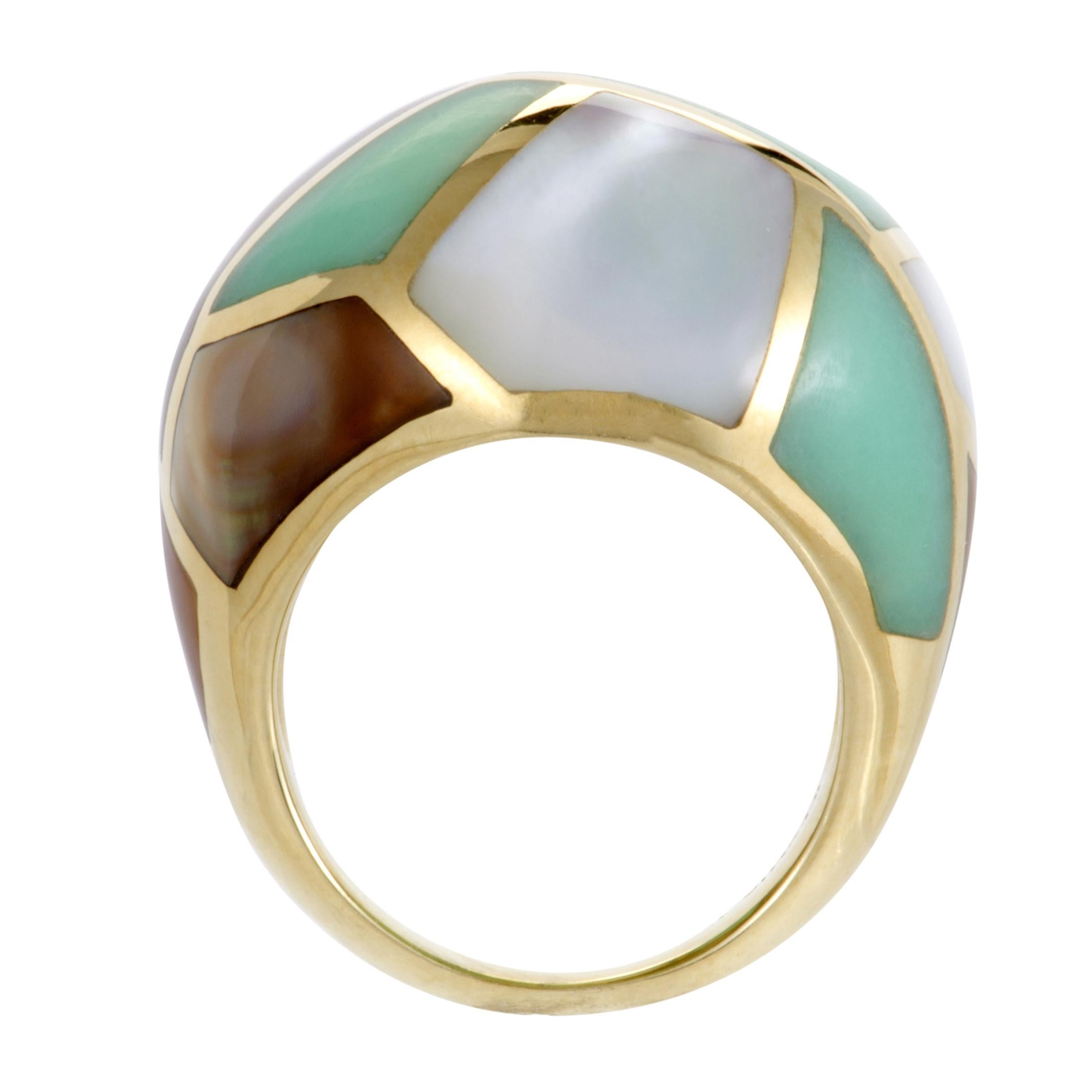 Designed for the ingenious “Rock Candy” collection by Ippolita, this stunning ring is made of attractive 18K yellow gold and boasts sublime mother of pearl and green agate that form a mosaic-like décor.
Ring Size: 7.0
Ring Top Dimensions: 45mm x 30mm