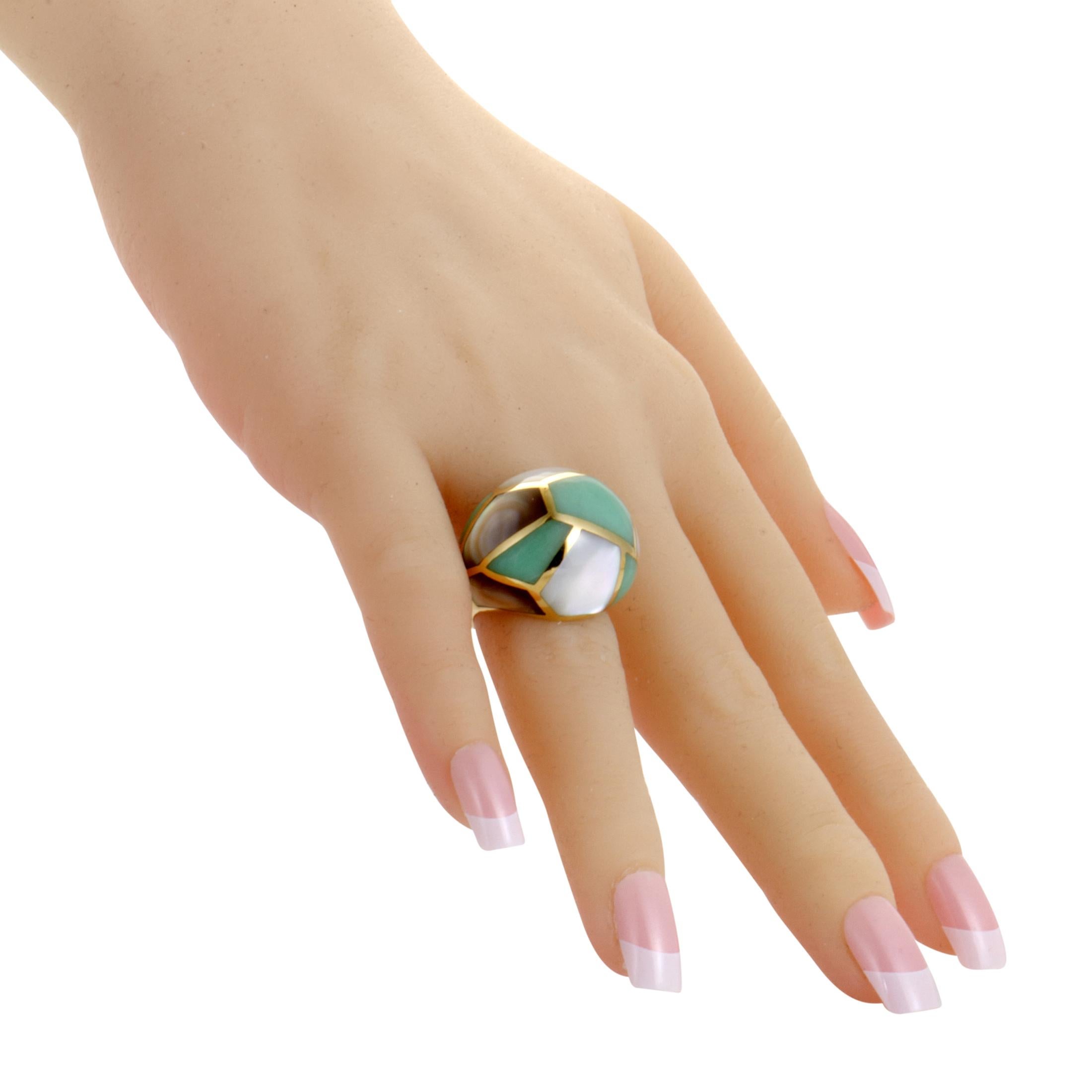 Women's Polished Rock Candy Yellow Gold Mother of Pearl and Agate Dome Ring