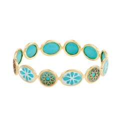 Polished Rock Candy 18 Karat Yellow Gold Mother of Pearl and Turquoise Bangle