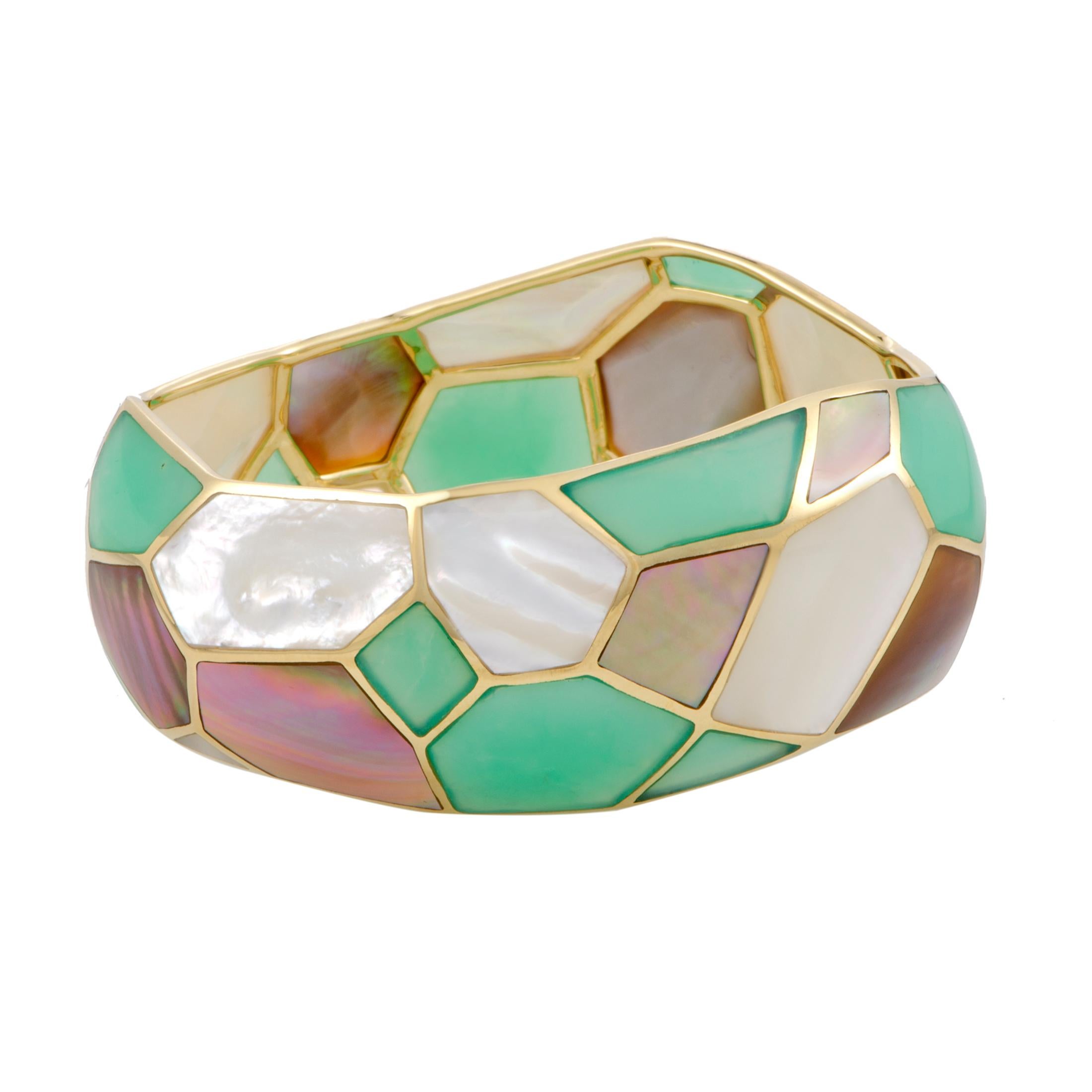 Polished Rock Candy 18 Karat Yellow Gold Mother-of-Pearl and Turquoise Bangle