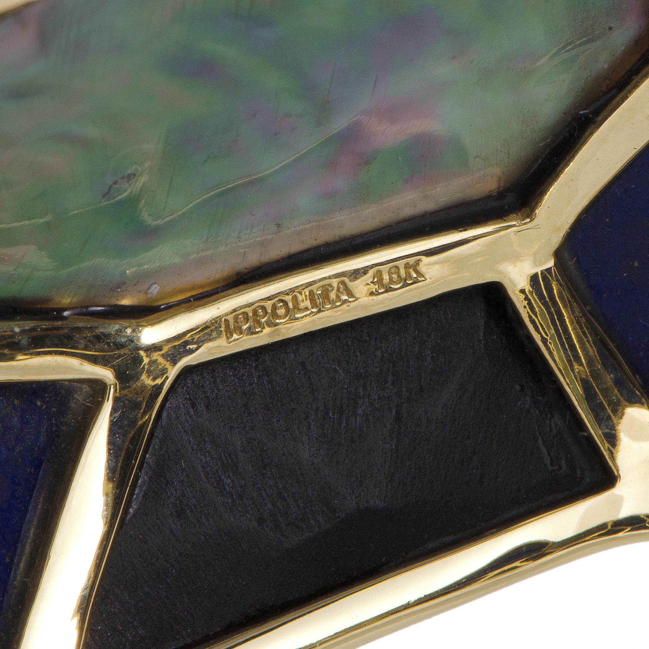 Polished Rock Candy 18 Karat Yellow Gold Mother of Pearl Onyx and Lapis Bangle In Excellent Condition In Southampton, PA
