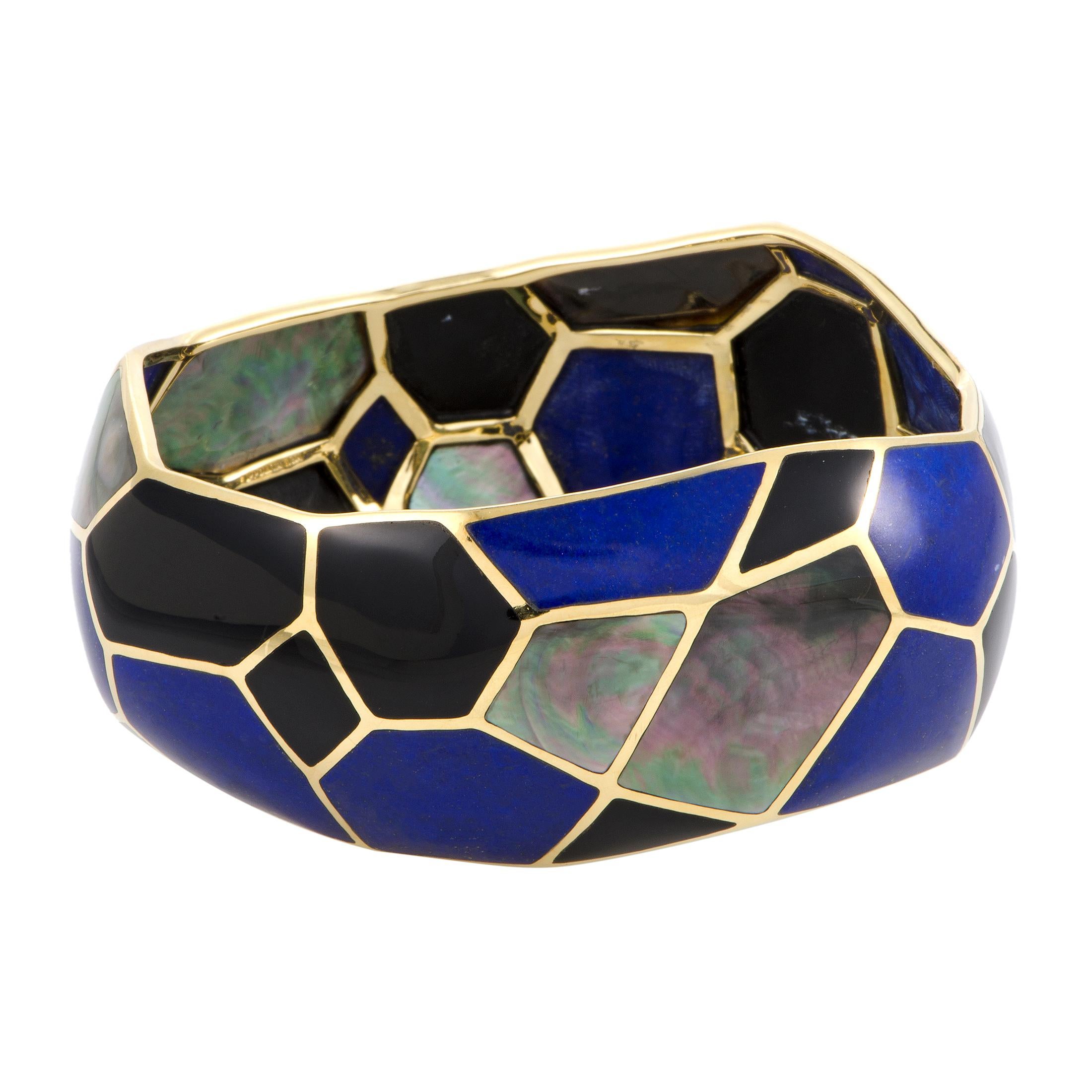 Polished Rock Candy 18 Karat Yellow Gold Mother of Pearl Onyx and Lapis Bangle