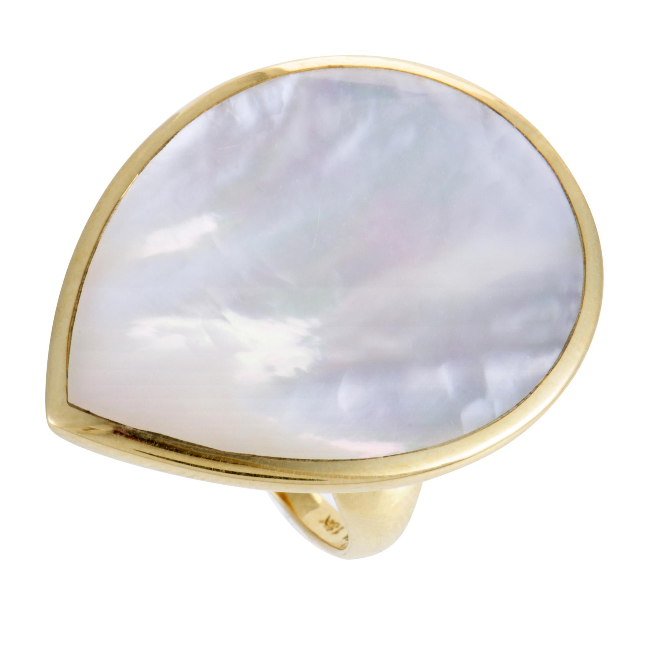 Polished Rock Candy 18 Karat Yellow Gold Mother of Pearl Teardrop Ring