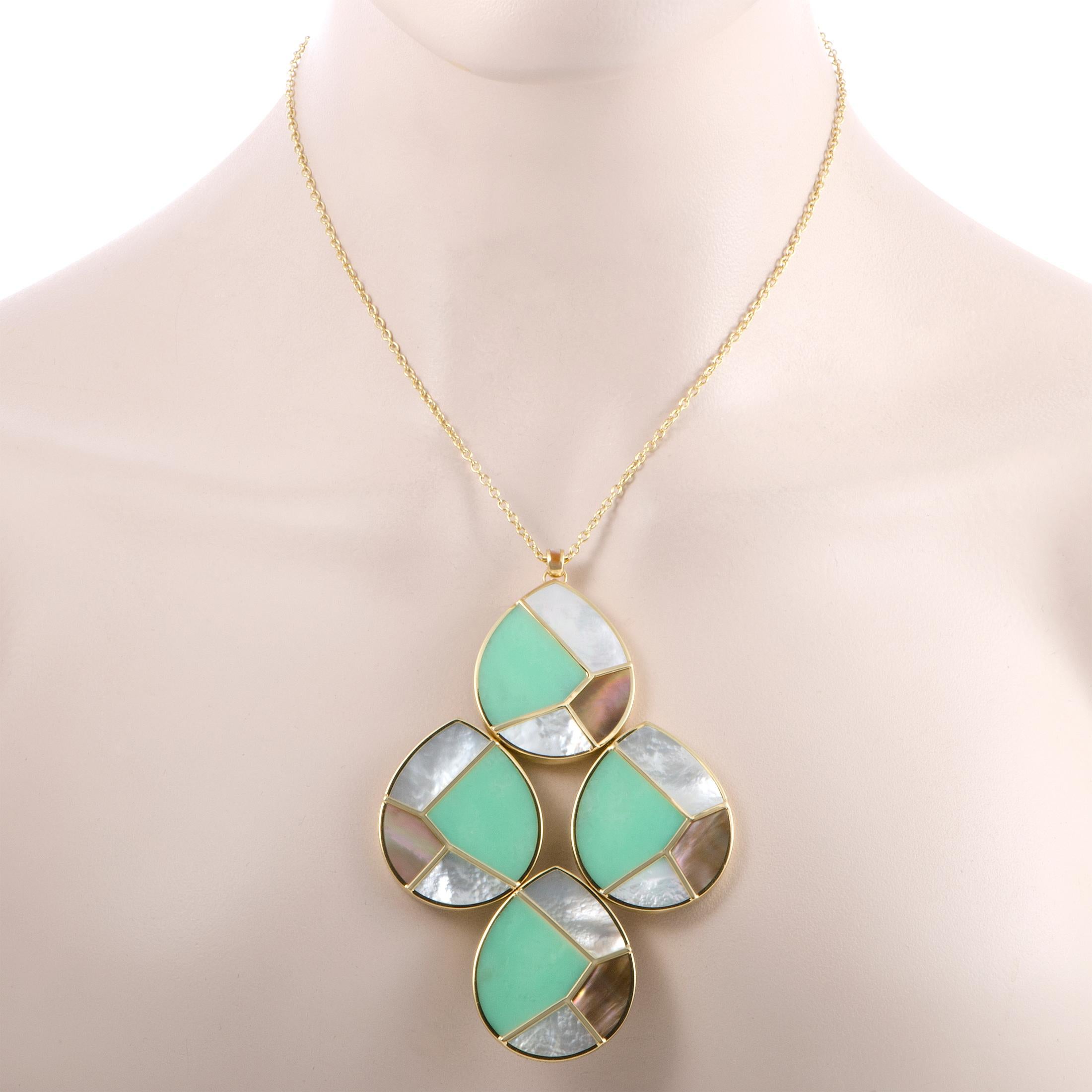 Boasting a pendant comprised of four teardrop segments, each set with delightfully nuanced gems in alluring mosaic-like fashion, this exquisite Ippolita necklace features nifty feminine appeal. It is made of gleaming 18K yellow gold and presented