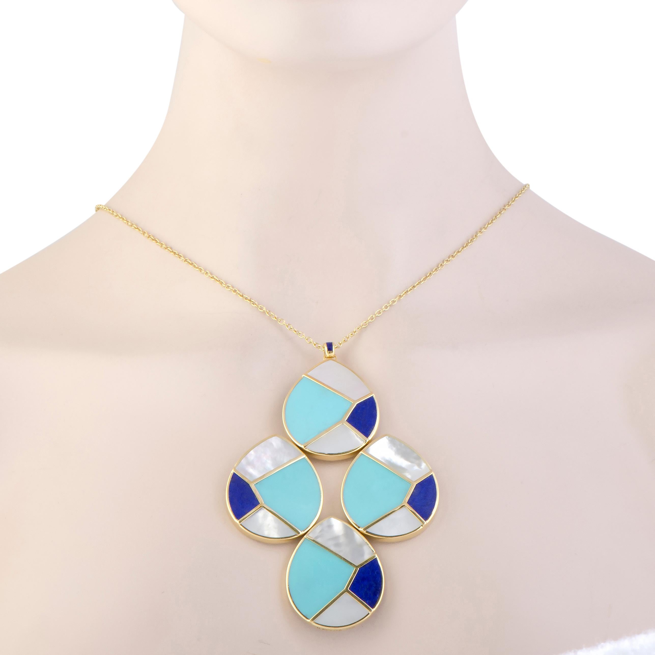 With a nifty pendant comprised of four teardrop-shaped segments, each featuring attractive décor reminiscent of a mosaic, this stunning Ippolita necklace offers alluring elegant appearance. It is made of gleaming 18K yellow gold and presented within