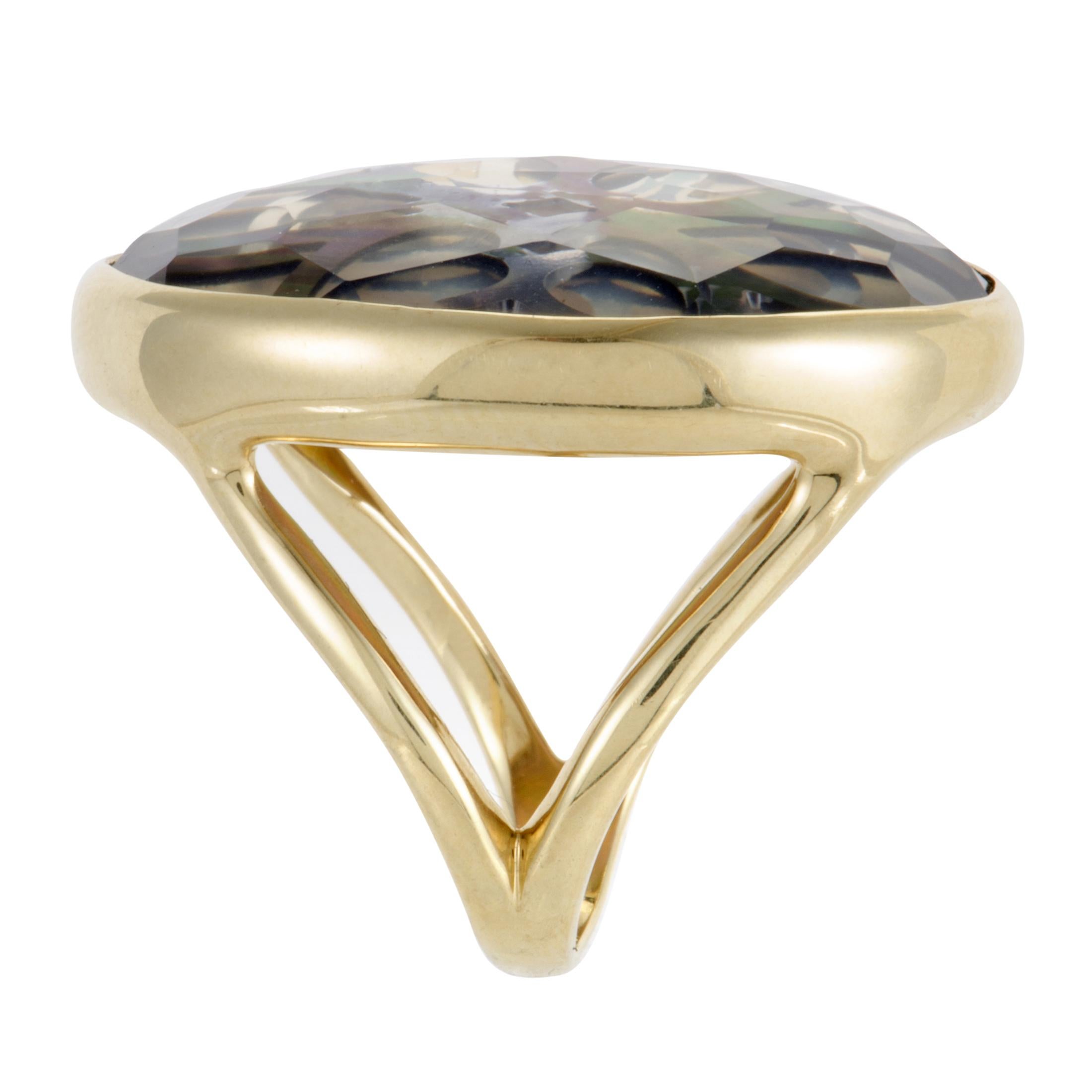 Polished Rock Candy 18 Karat Yellow Gold Quartz and Mother of Pearl Cutout Ring In Excellent Condition In Southampton, PA