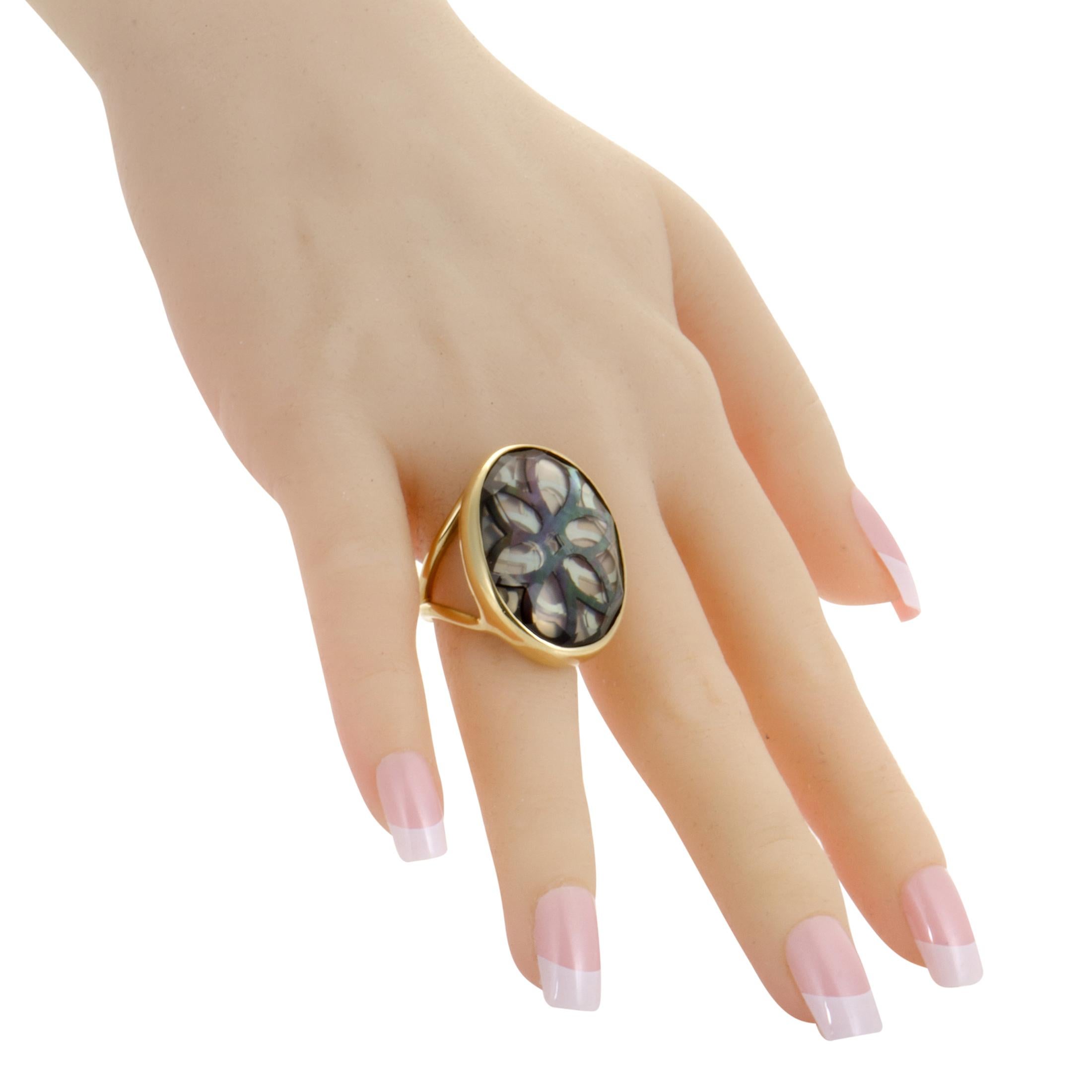 Women's Polished Rock Candy 18 Karat Yellow Gold Quartz and Mother of Pearl Cutout Ring