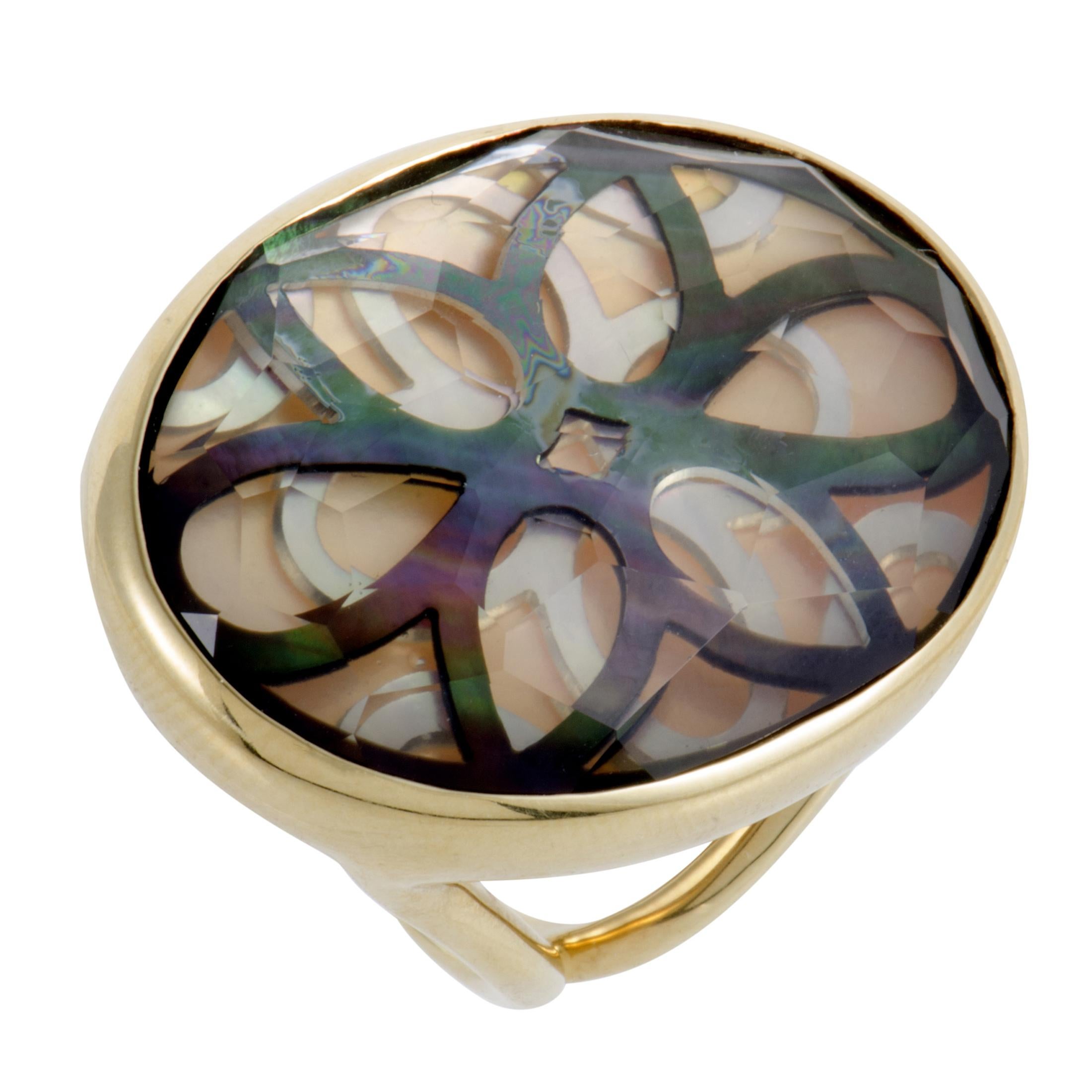 Polished Rock Candy 18 Karat Yellow Gold Quartz and Mother of Pearl Cutout Ring
