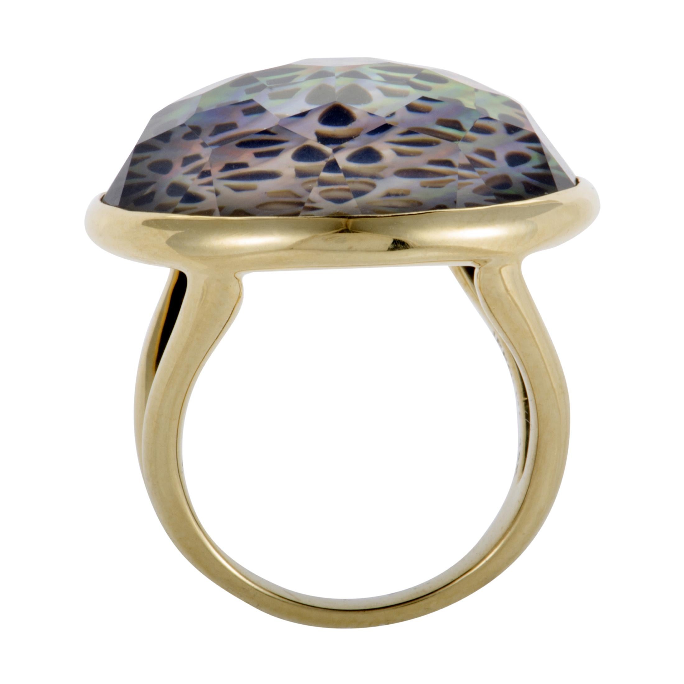 The intricate décor comprised of sublime mother of pearl, remarkable onyx and clear quartz gives this ring an attractive, offbeat look, while the gleaming 18K yellow gold adds a nifty refined touch. The ring is presented within Ippolita’s