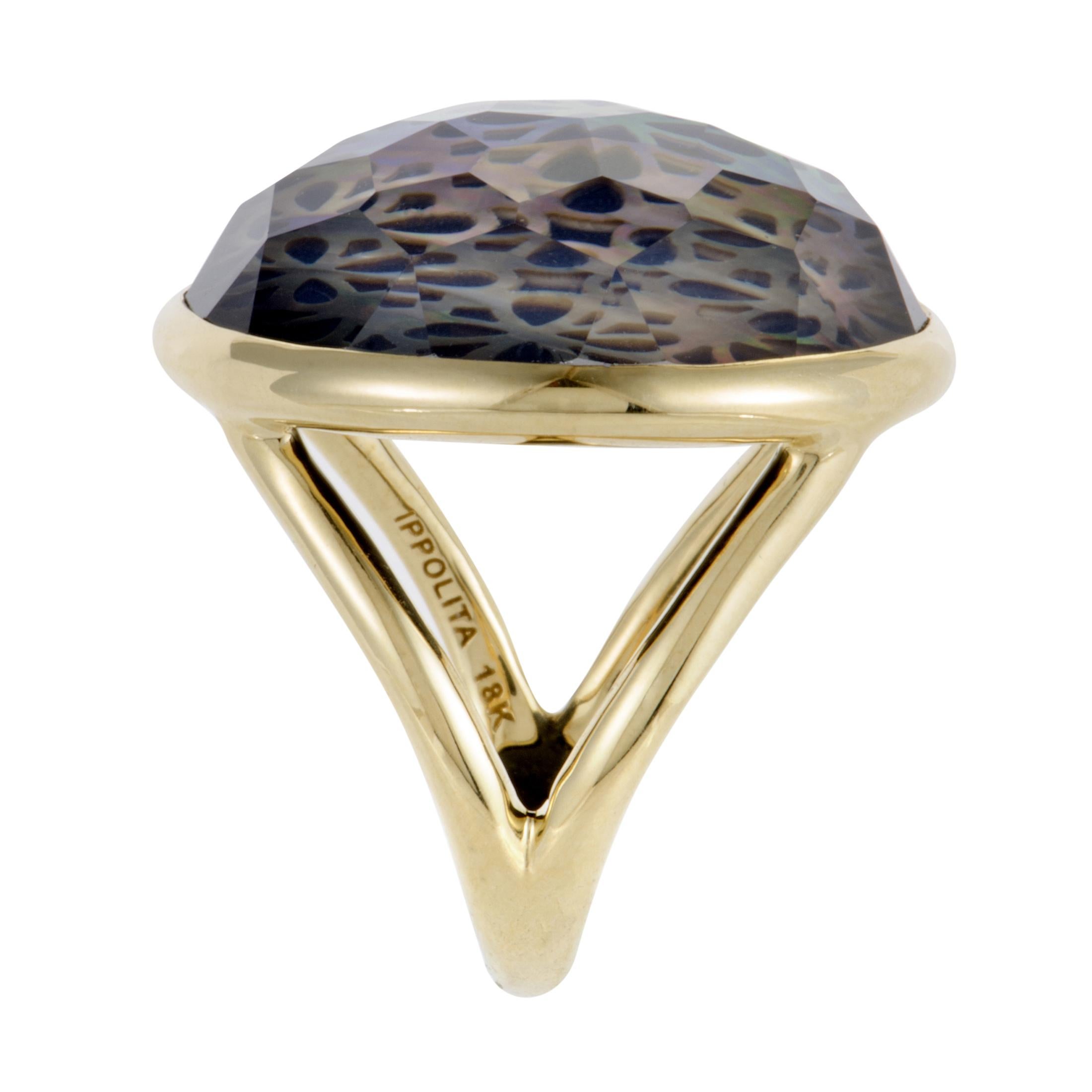 Polished Rock Candy Yellow Gold Quartz Mother of Pearl and Onyx Ring In Excellent Condition In Southampton, PA