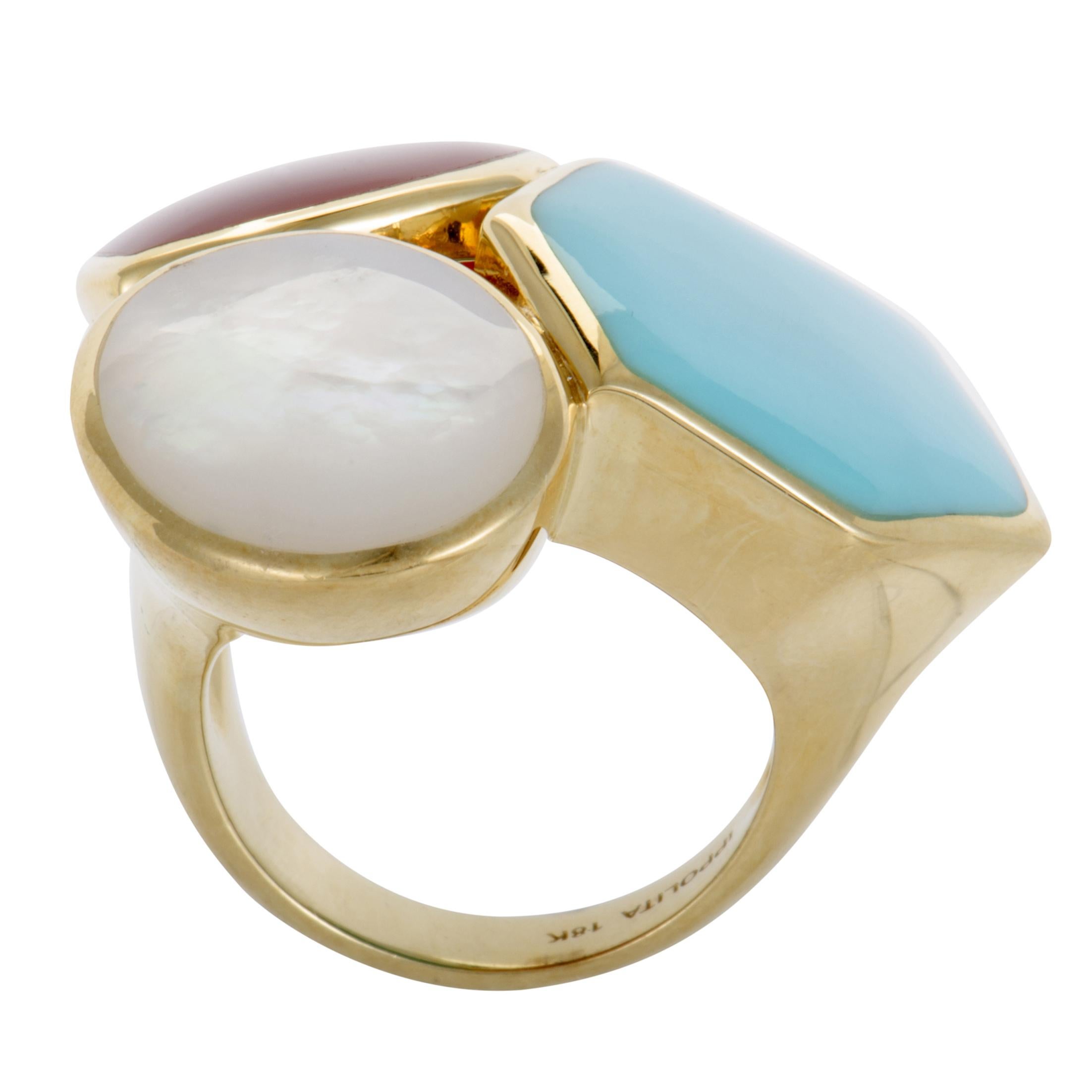 Made of radiant 18K yellow gold and set with three exceptionally alluring stones, this superb ring from Ippolita’s “Rock Candy” collection offers attractive fashionable appearance.
Ring Top Dimensions: 35mm x 33mm