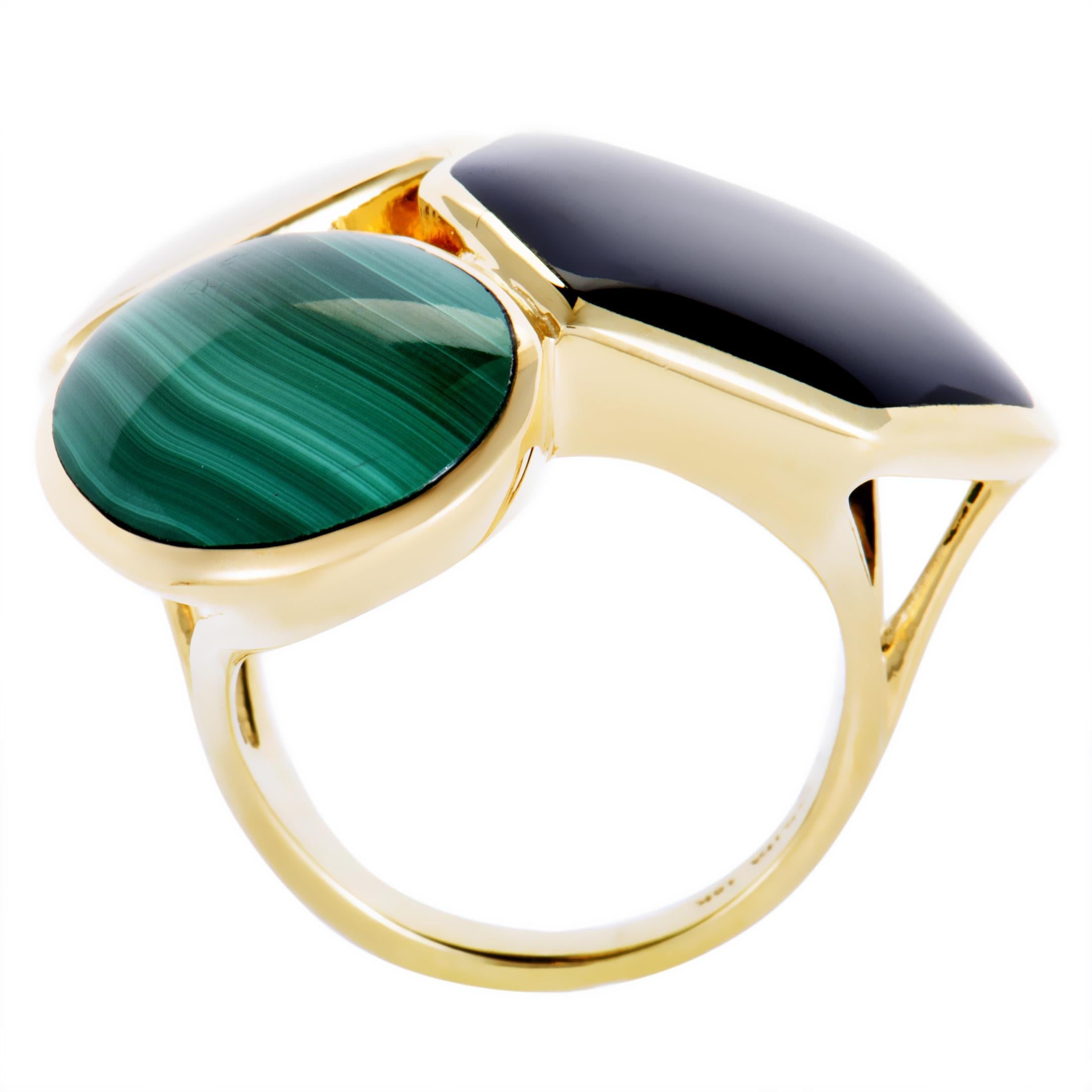 Tastefully contrasting, vivid and captivating, the diverse colors of neatly shaped gems produce an outstanding sight at the top of this majestic 18K yellow gold ring from the highly renowned “Rock Candy” collection by Ippolita.
Ring Top Dimensions: