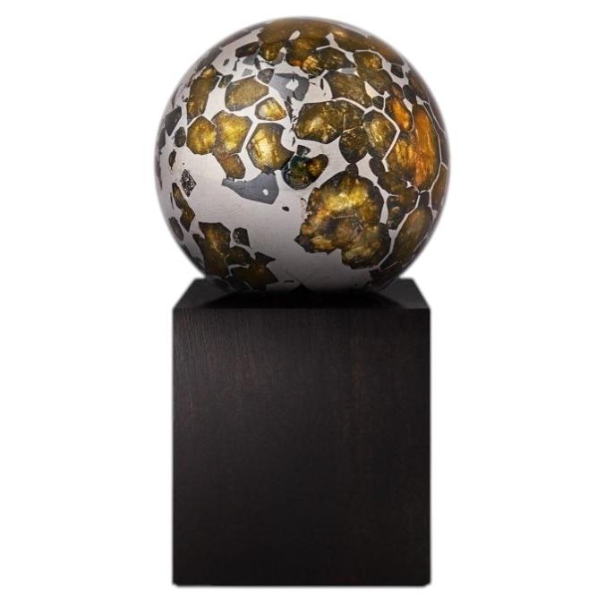 Polished Seymchan Meteorite Sphere with Olivine Crystals in Iron Matrix For Sale