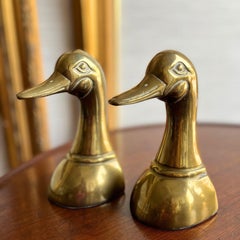 Polished Solid Brass Mallard Duck Head Bookends 1950's a Pair