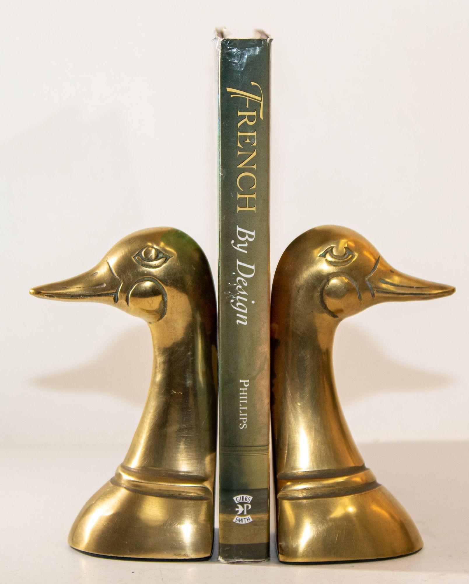 Polished Solid Brass Mallard Duck Head Bookends Sarreid Style 1950's A Pair For Sale 3
