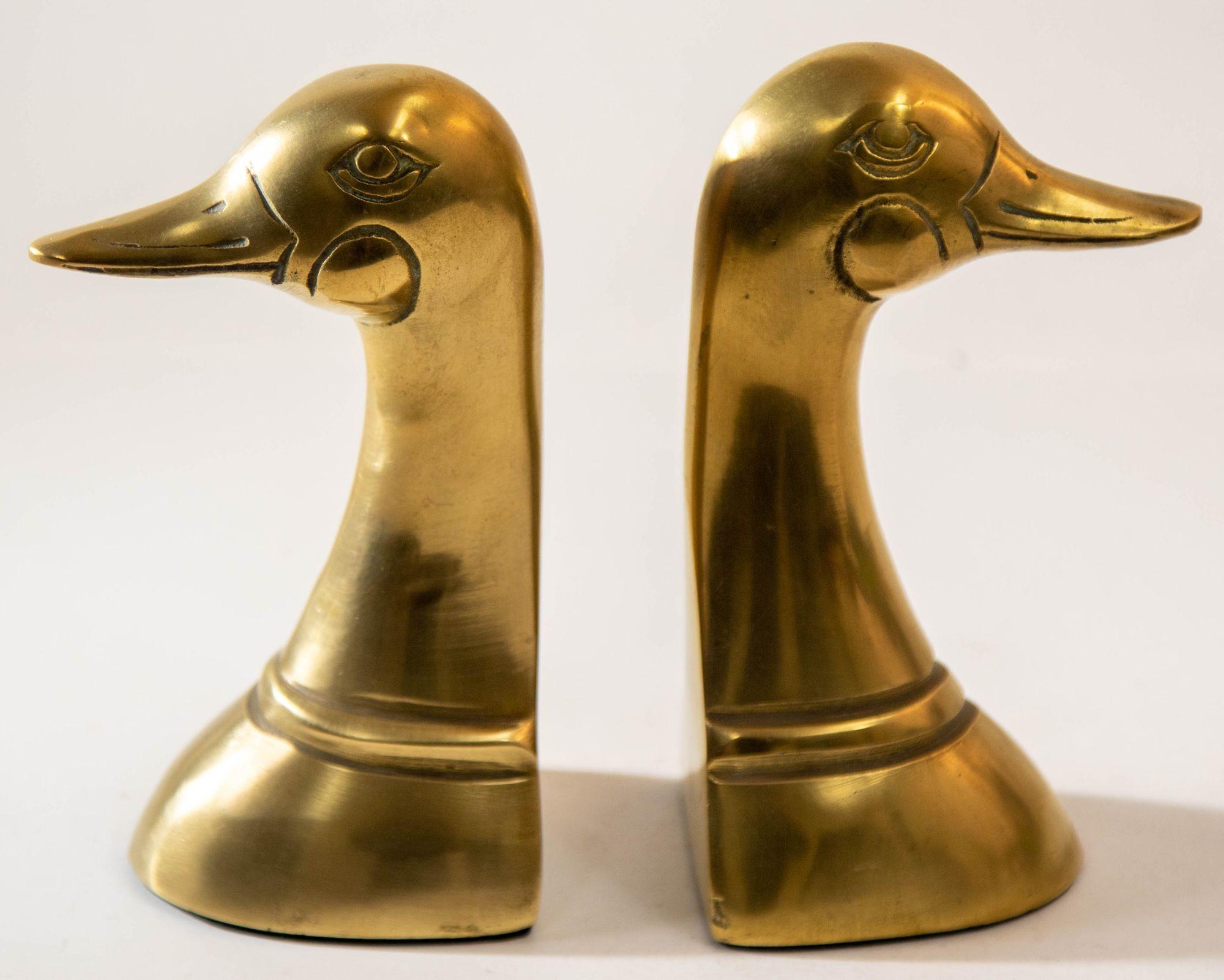 Polished Solid Brass Mallard Duck Head Bookends Sarreid Style 1950's A Pair For Sale 5