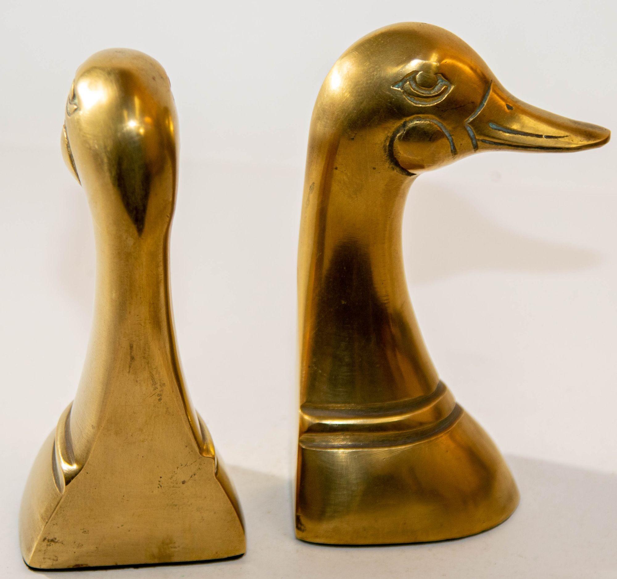 Hollywood Regency Polished Solid Brass Mallard Duck Head Bookends Sarreid Style 1950's A Pair For Sale