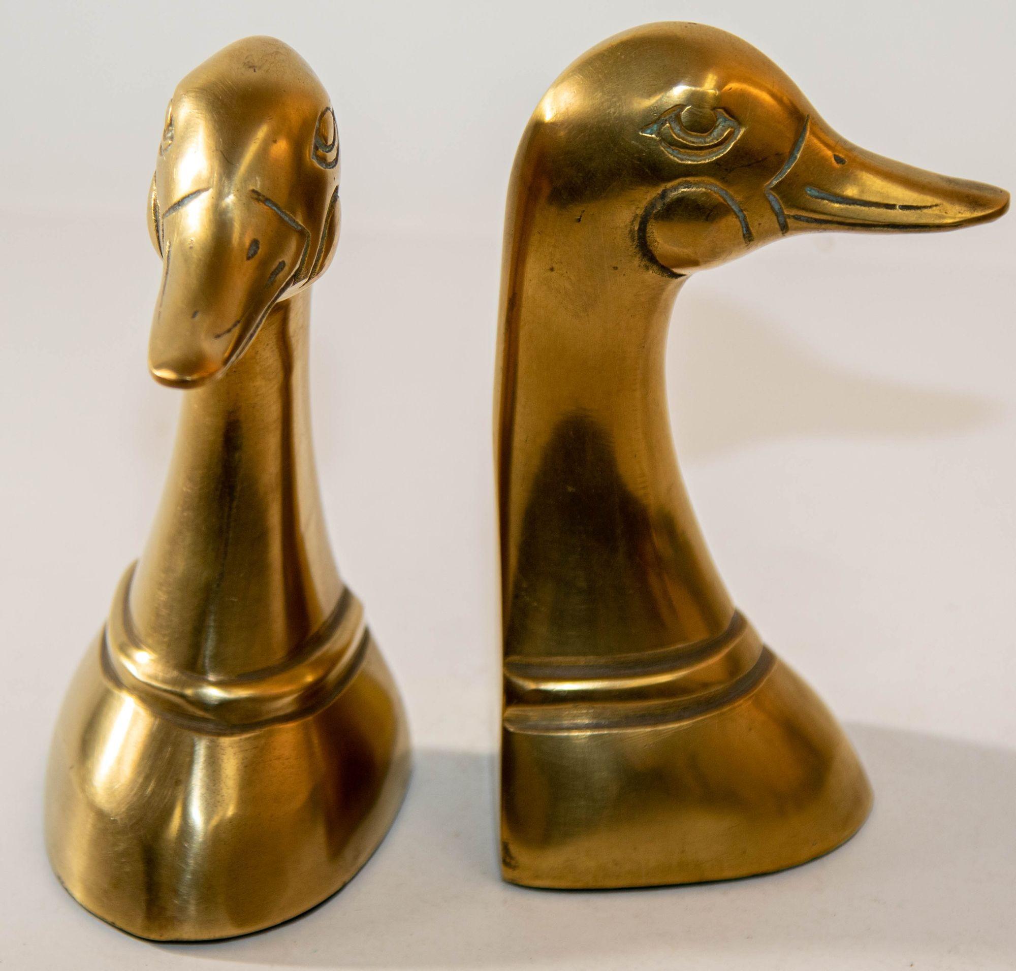 American Polished Solid Brass Mallard Duck Head Bookends Sarreid Style 1950's A Pair For Sale