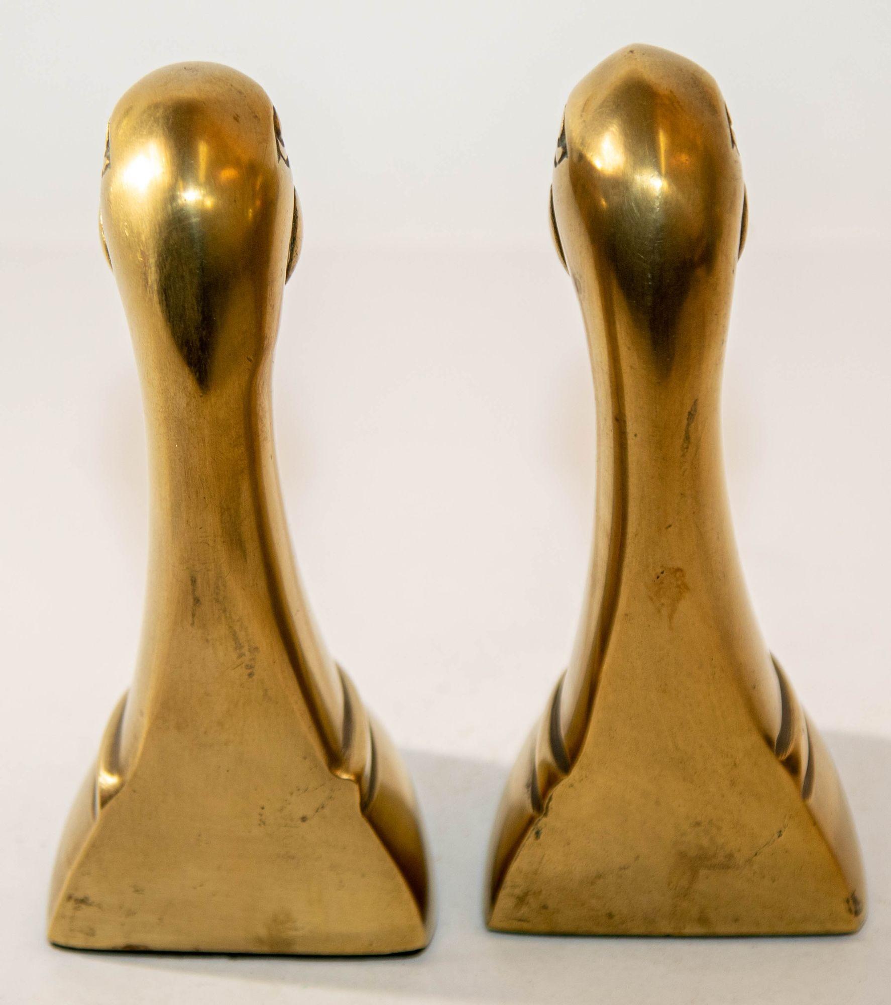 Cast Polished Solid Brass Mallard Duck Head Bookends Sarreid Style 1950's A Pair For Sale