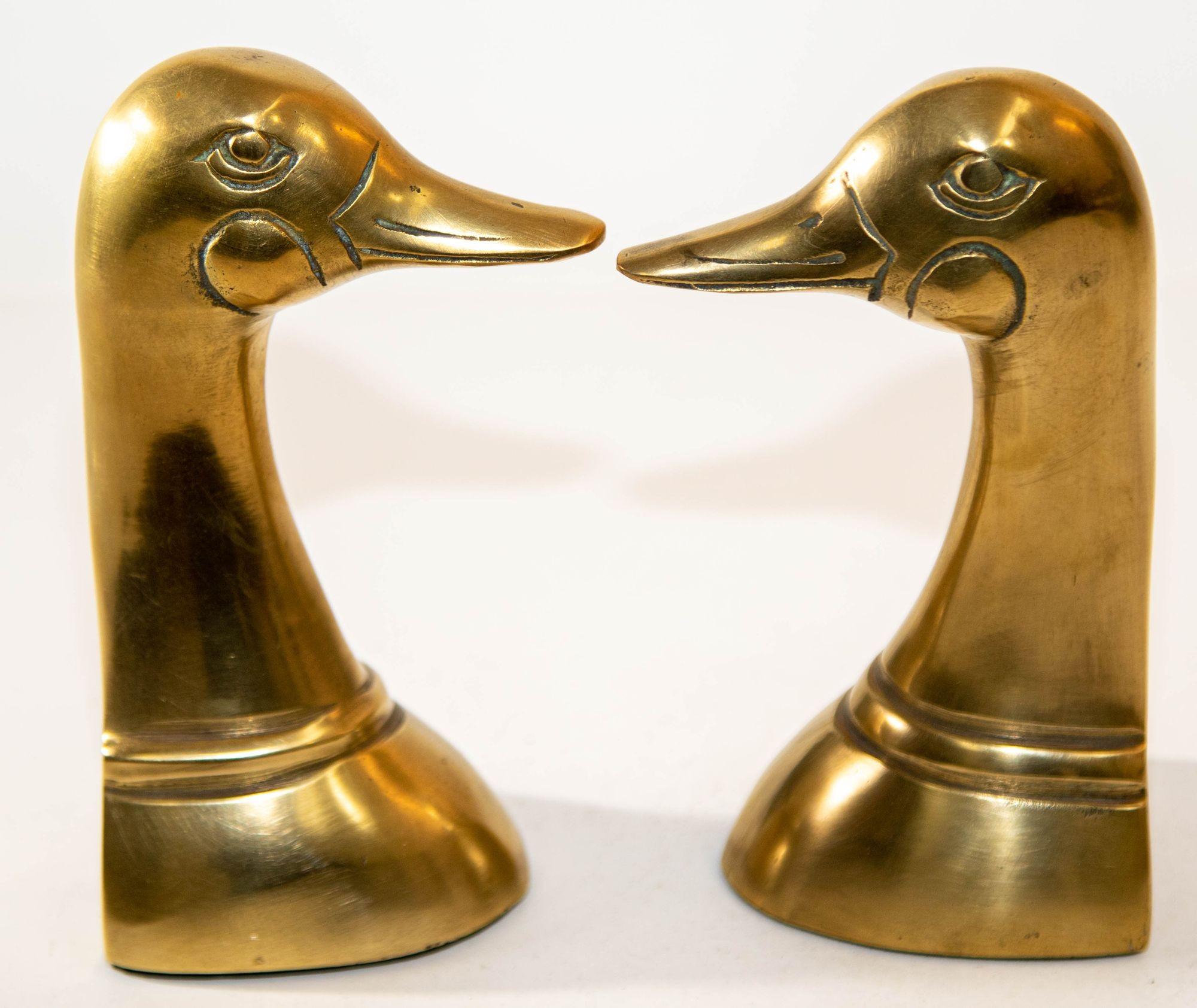 Polished Solid Brass Mallard Duck Head Bookends Sarreid Style 1950's A Pair In Good Condition For Sale In North Hollywood, CA