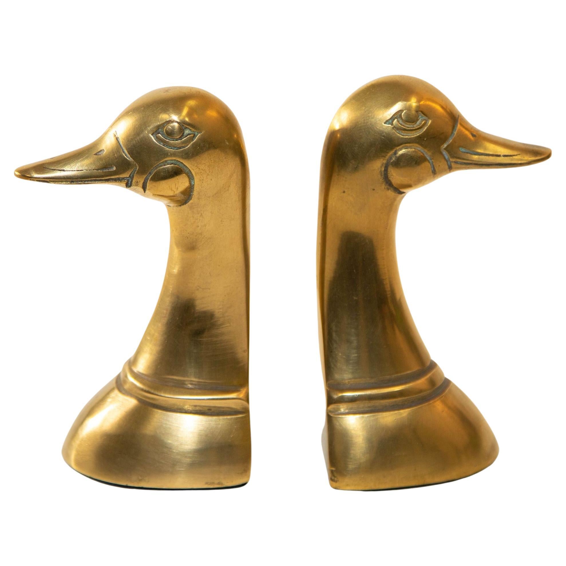 Polished Solid Brass Mallard Duck Head Bookends Sarreid Style 1950's A Pair