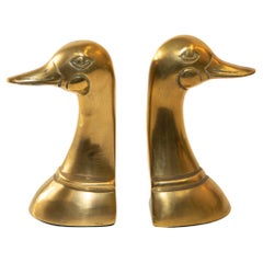 Used Polished Solid Brass Mallard Duck Head Bookends Sarreid Style 1950's A Pair