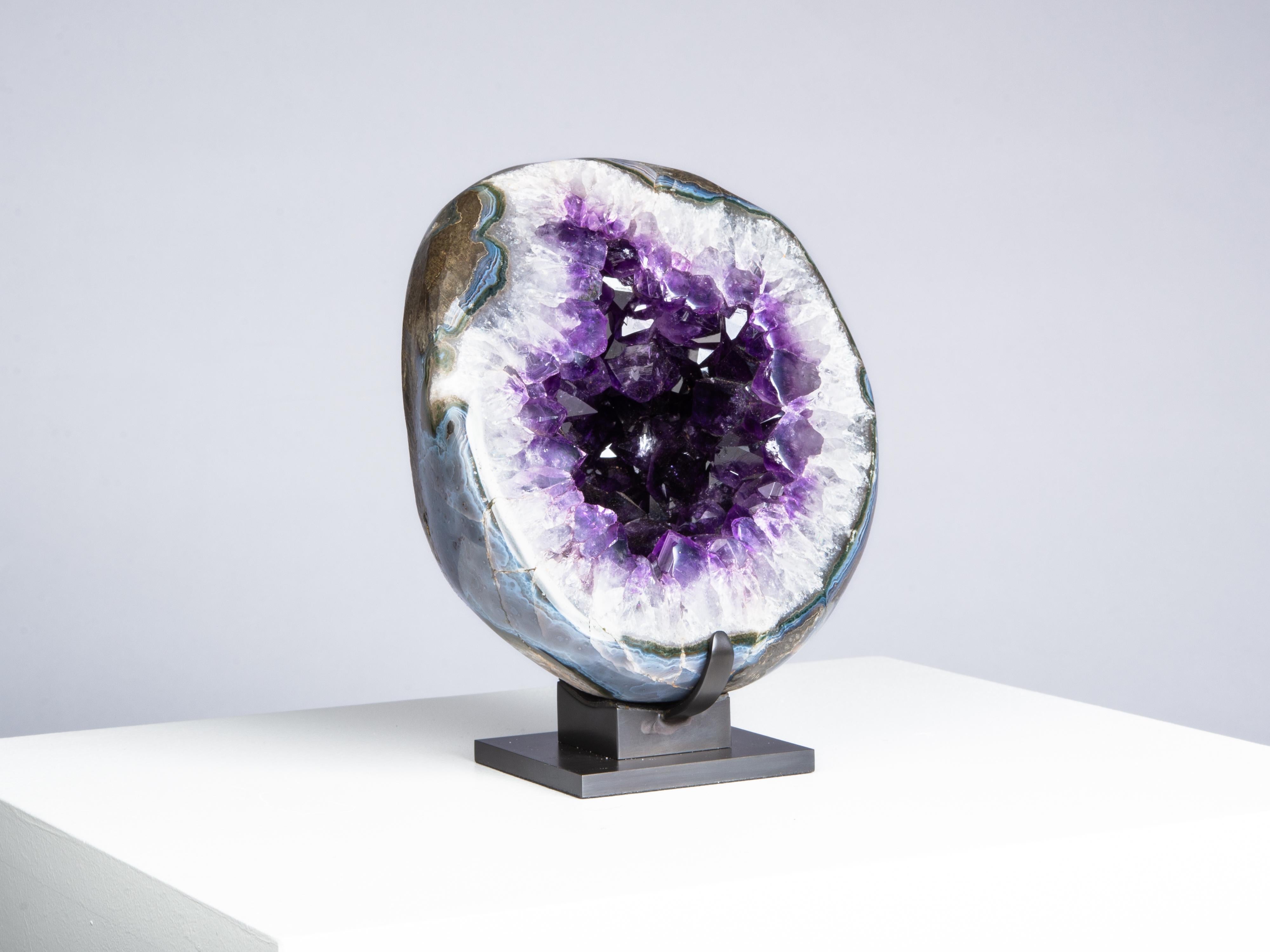 Uruguayan Polished Split Amethyst Geode Surrounded by White Quartz and Agate For Sale