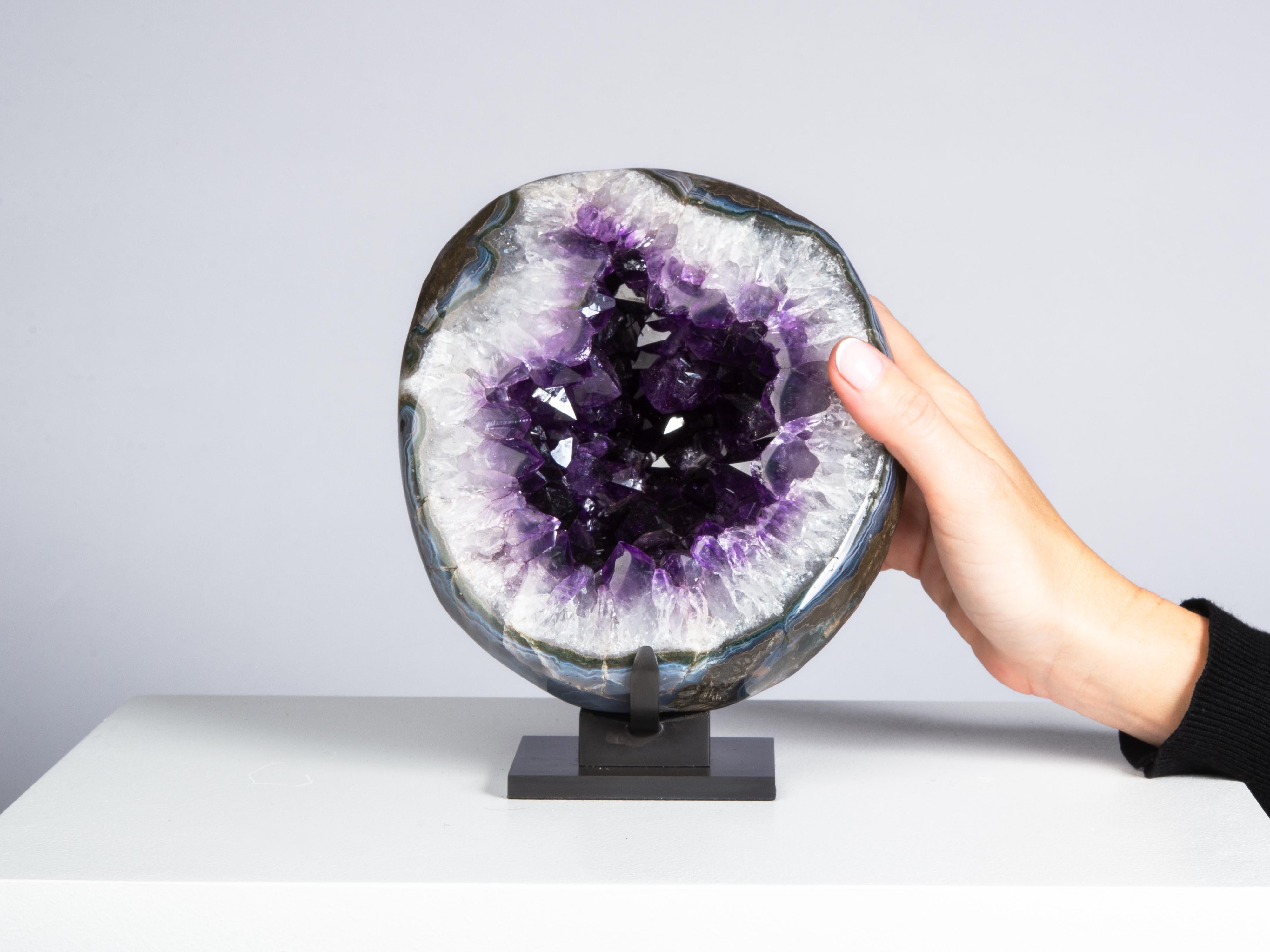 Polished Split Amethyst Geode Surrounded by White Quartz and Agate In Excellent Condition For Sale In London, GB