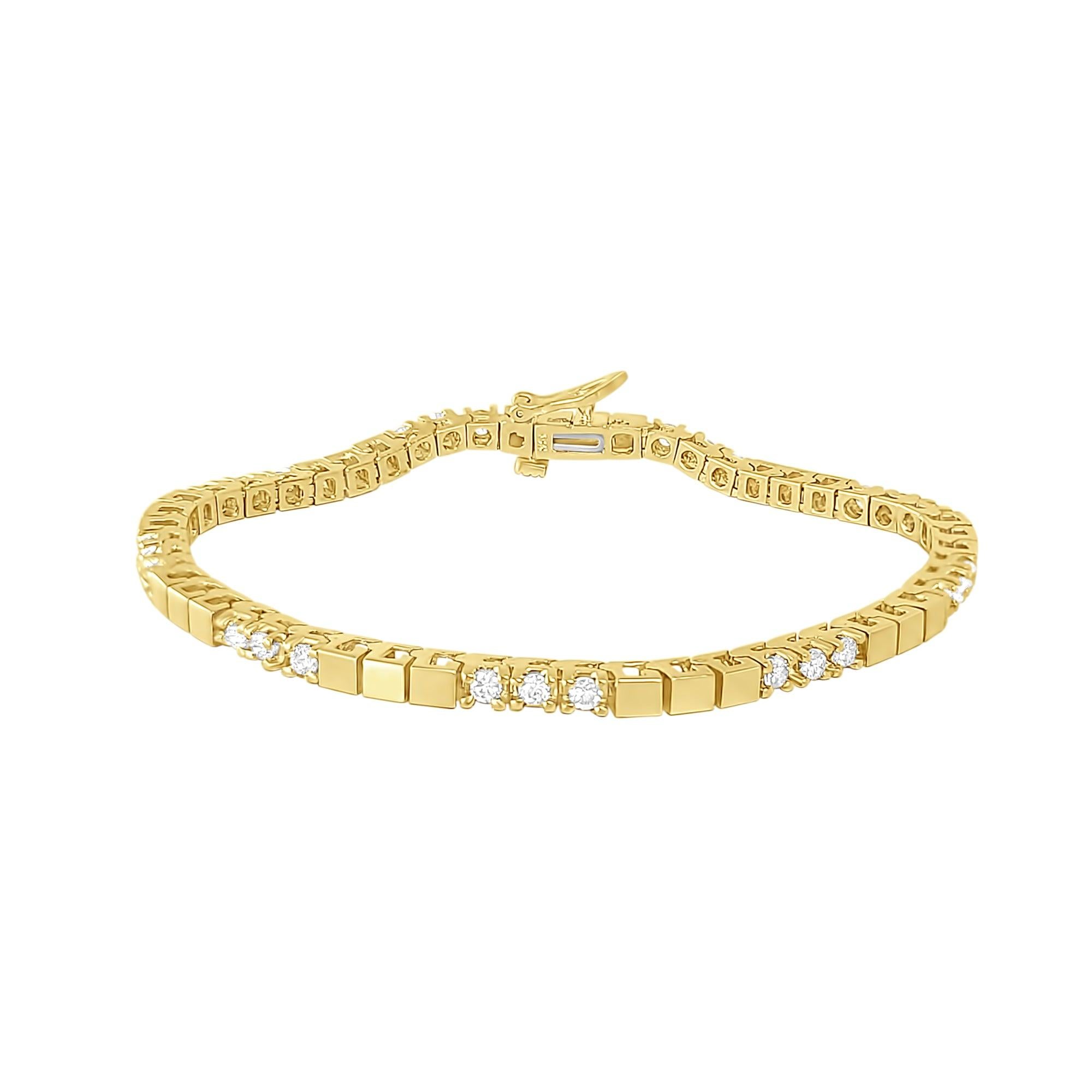 Taglio rotondo Bracciale Tennis con diamanti quadrati lucidi in oro giallo 14k in vendita