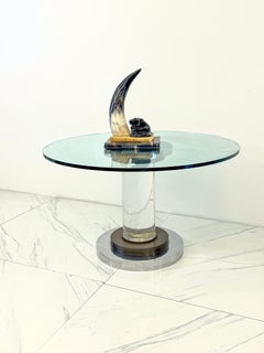 Tavolo con piedistallo in acciaio inossidabile, bronzo e lucite, Romeo Rega, anni '70