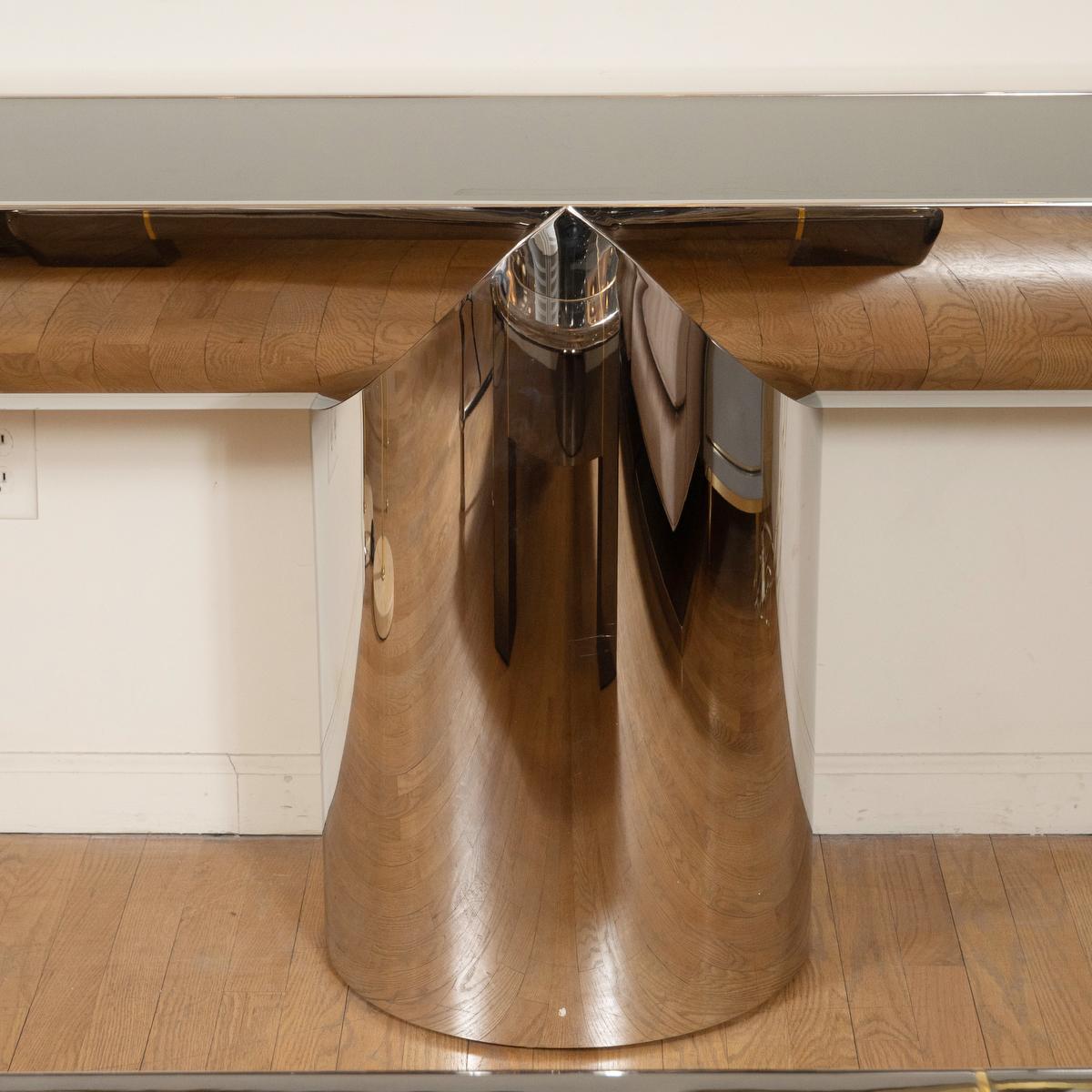 Mid-Century Modern Polished Stainless Steel and Black Glass Console Table