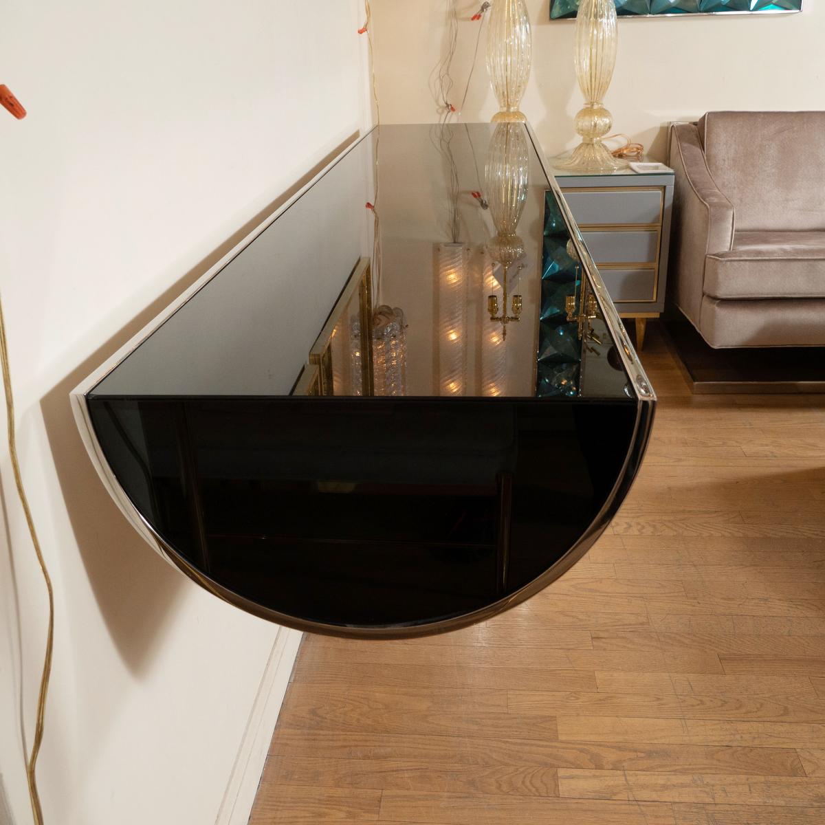 American Polished Stainless Steel and Black Glass Console Table
