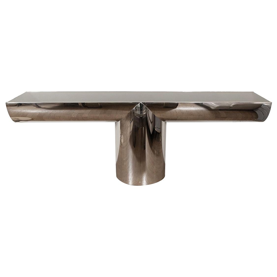 Polished Stainless Steel and Black Glass Console Table