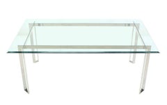 Base en acier inoxydable poli  Table de salle à manger à plateau de verre épais Mid Century